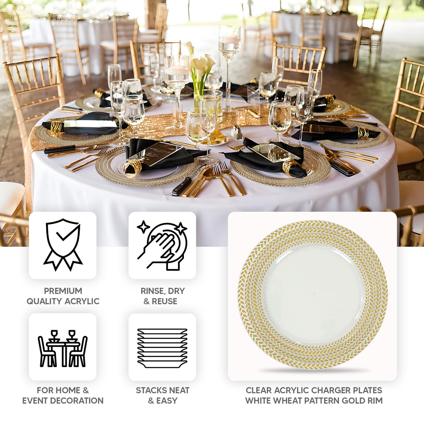 6 Pack Clear Acrylic Charger Plates With Wheat Pattern Gold Rim, 13" Round Dinner Chargers Event Tabletop Decor