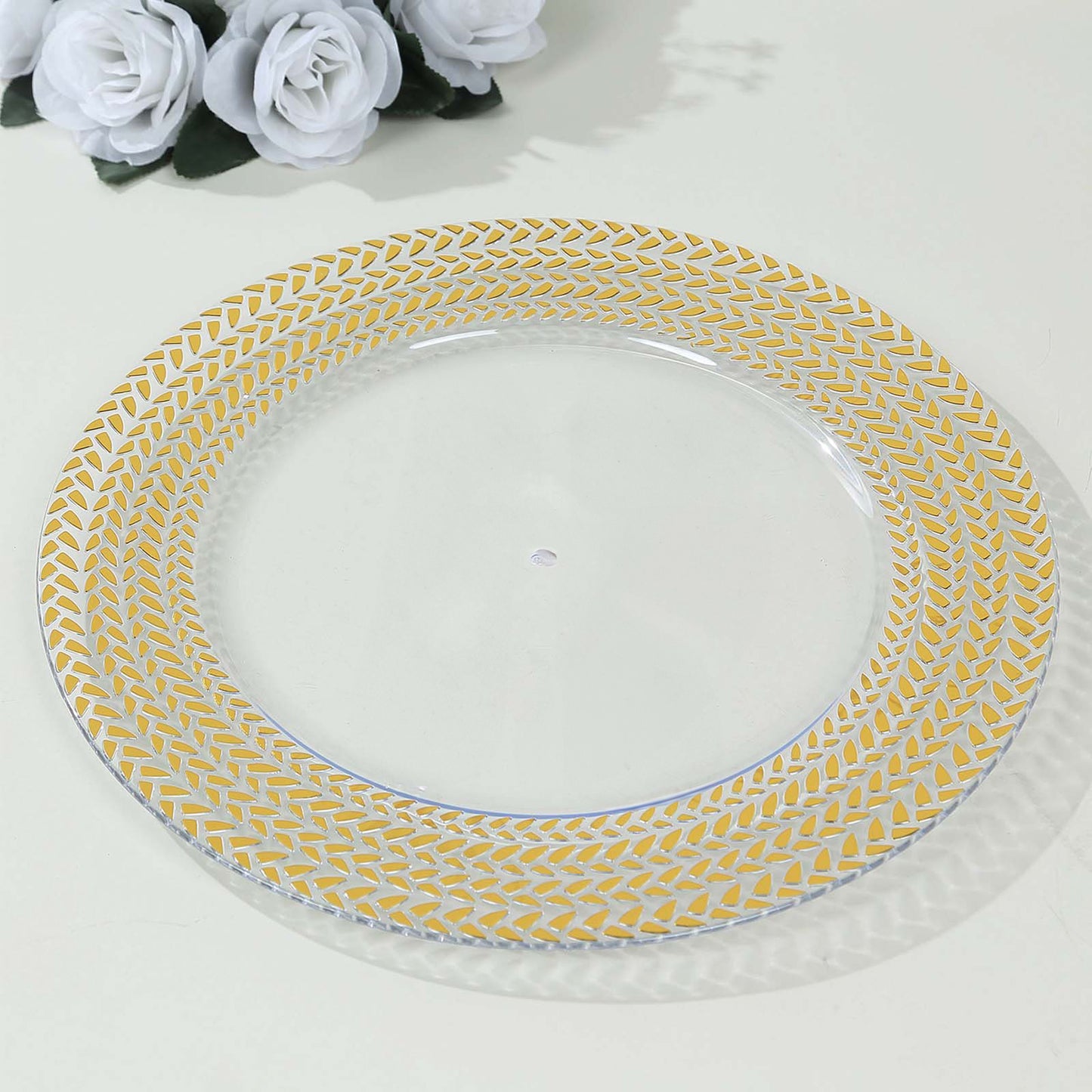 6 Pack Clear Acrylic Charger Plates With Wheat Pattern Gold Rim, 13" Round Dinner Chargers Event Tabletop Decor