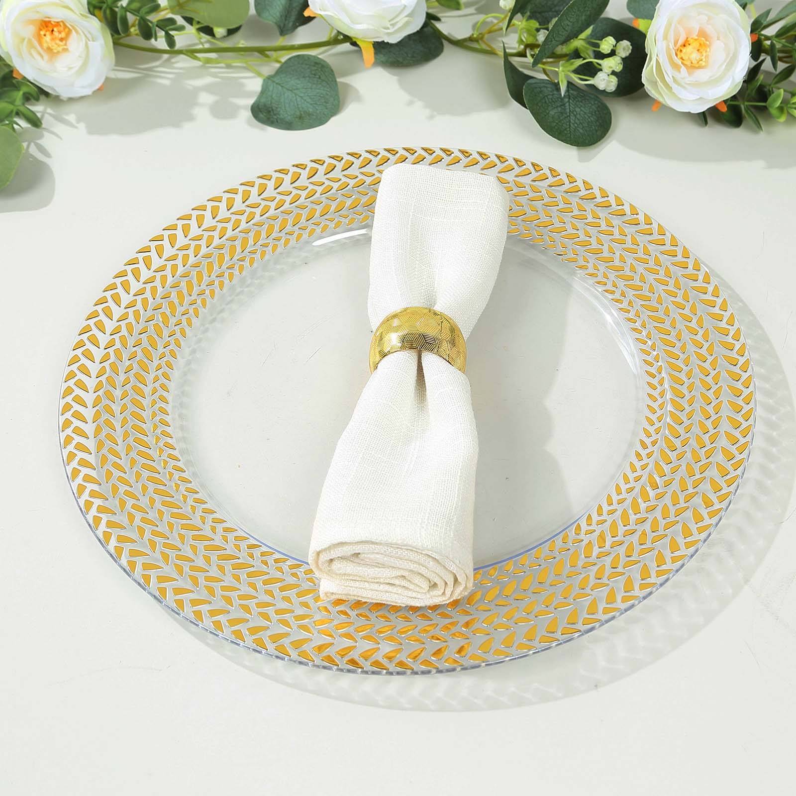 6 Pack Clear Acrylic Charger Plates With Wheat Pattern Gold Rim, 13" Round Dinner Chargers Event Tabletop Decor