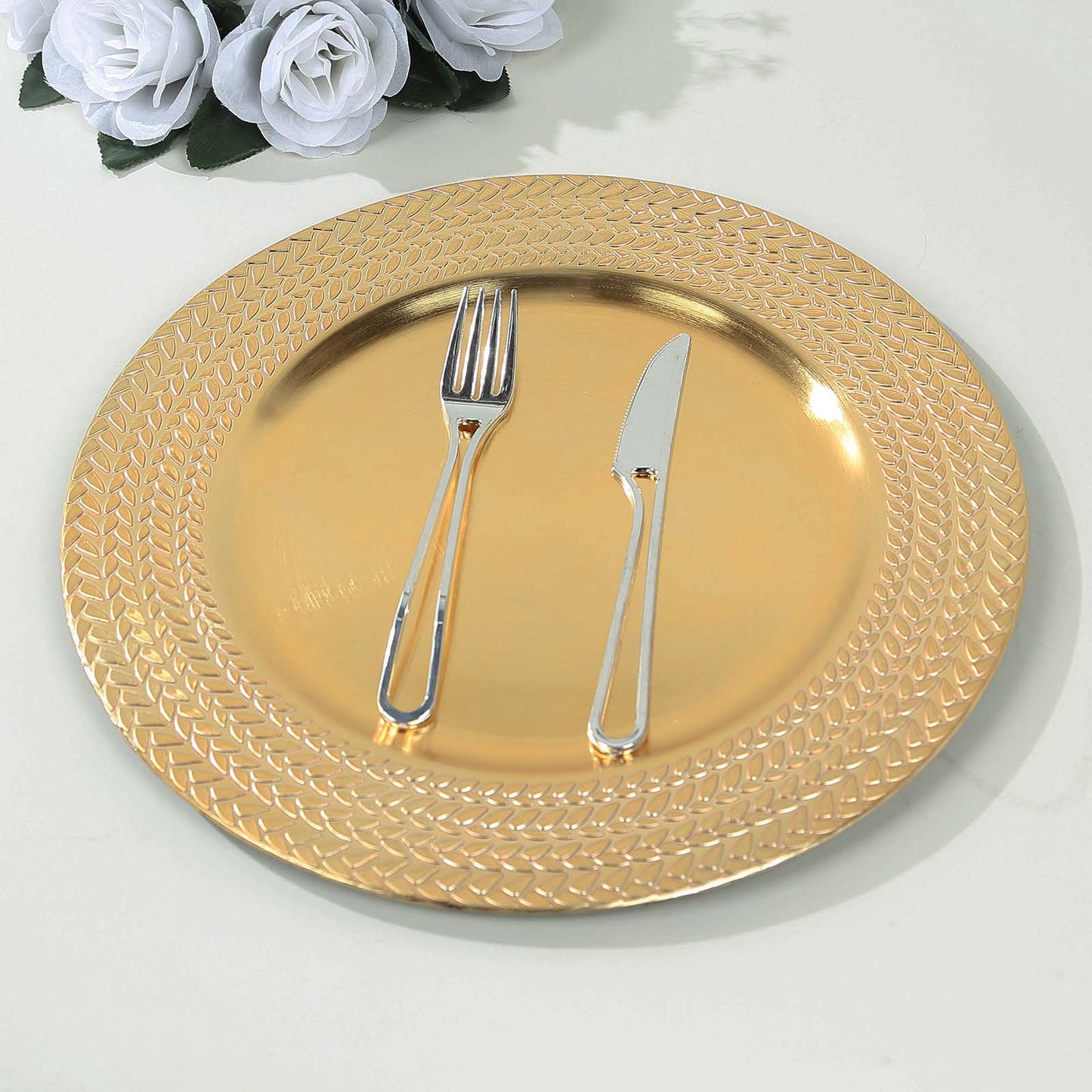 6 Pack Gold Acrylic Charger Plates With Wheat Pattern Rim, 13" Round Dinner Chargers Event Tabletop Decor