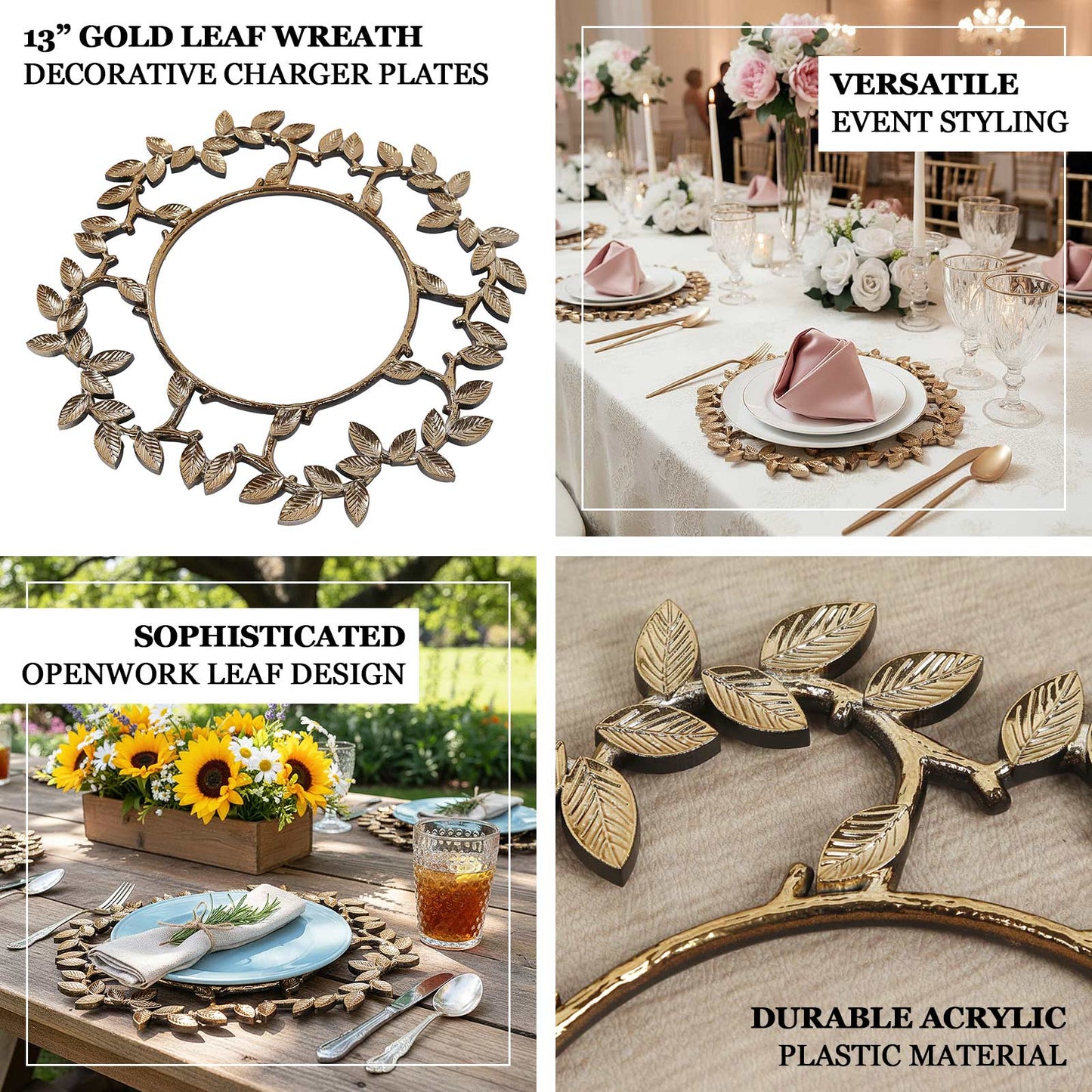 Gold acrylic charger plates with a leaf wreath design for elegant table settings.