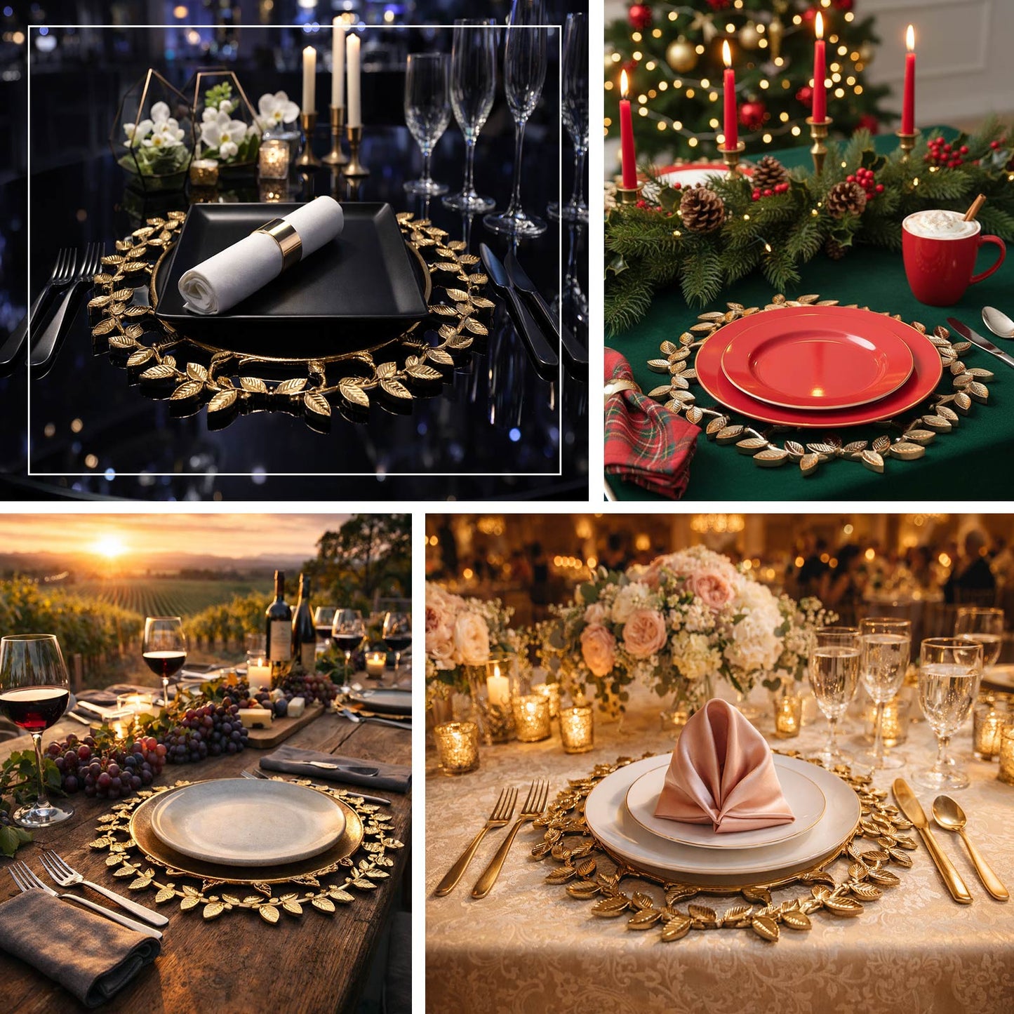 Gold charger plates with leaf wreath design for elegant dining.