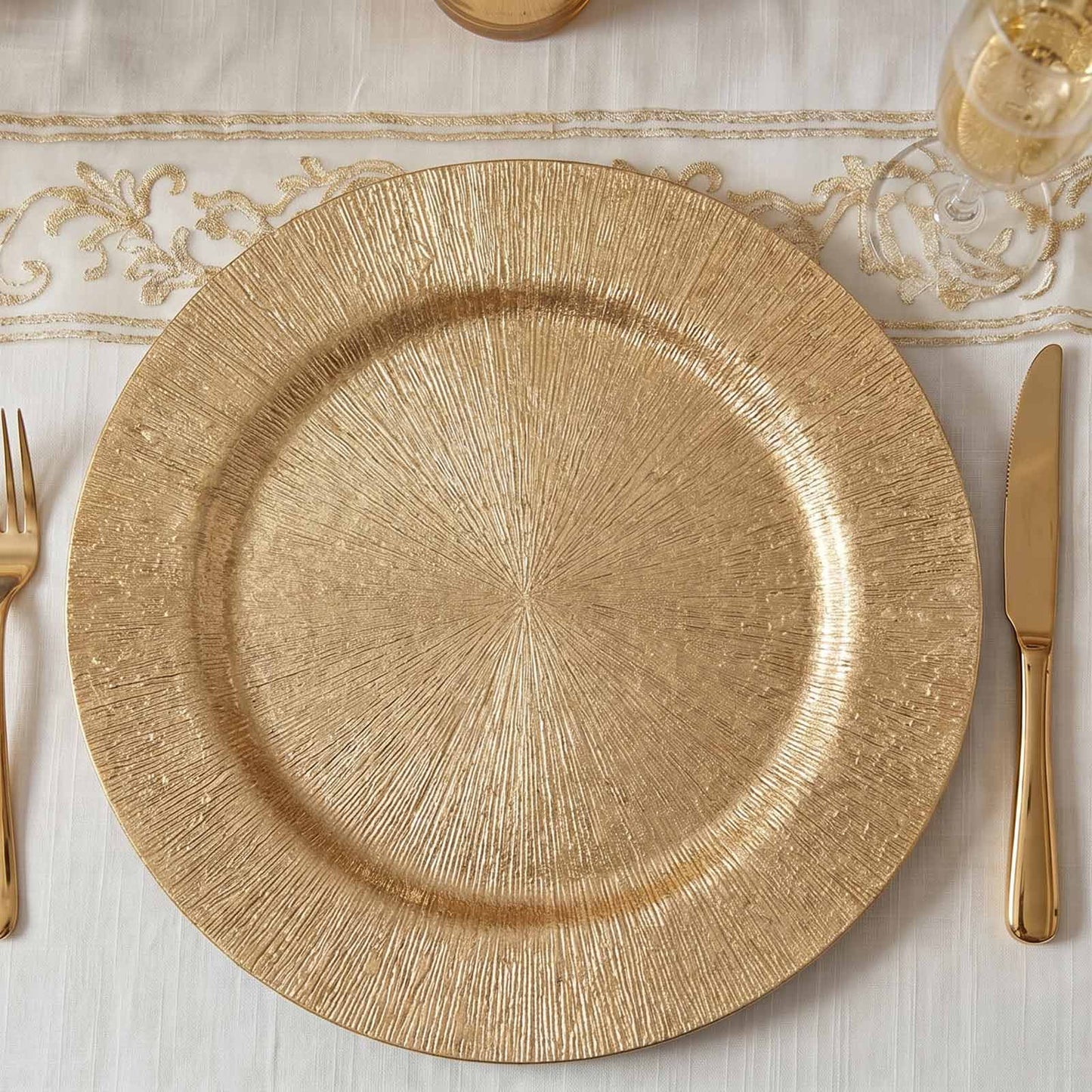 6 Pack 13" Gold Acrylic Charger Plates, Round Sunburst Textured Table Chargers