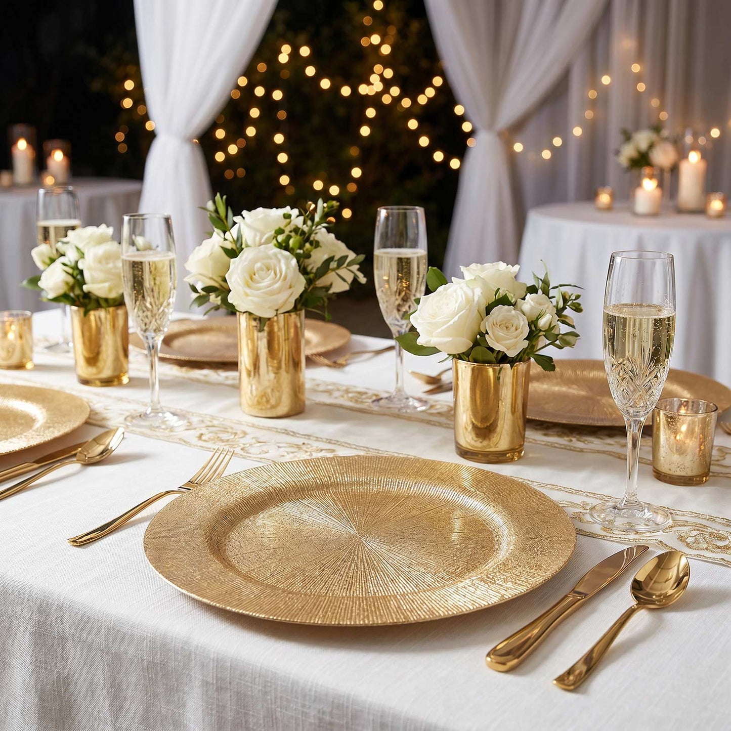 6 Pack 13" Gold Acrylic Charger Plates, Round Sunburst Textured Table Chargers