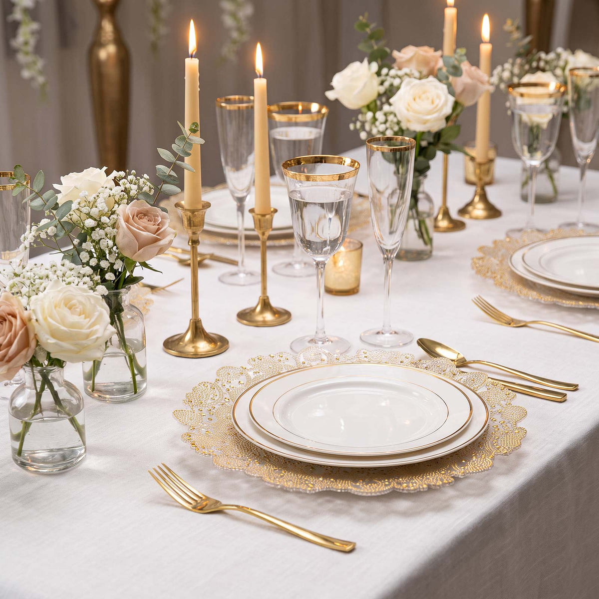 6 Pack 13" Plastic Charger Plates, Filigree Beaded Scroll Design - Clear Gold Table Chargers