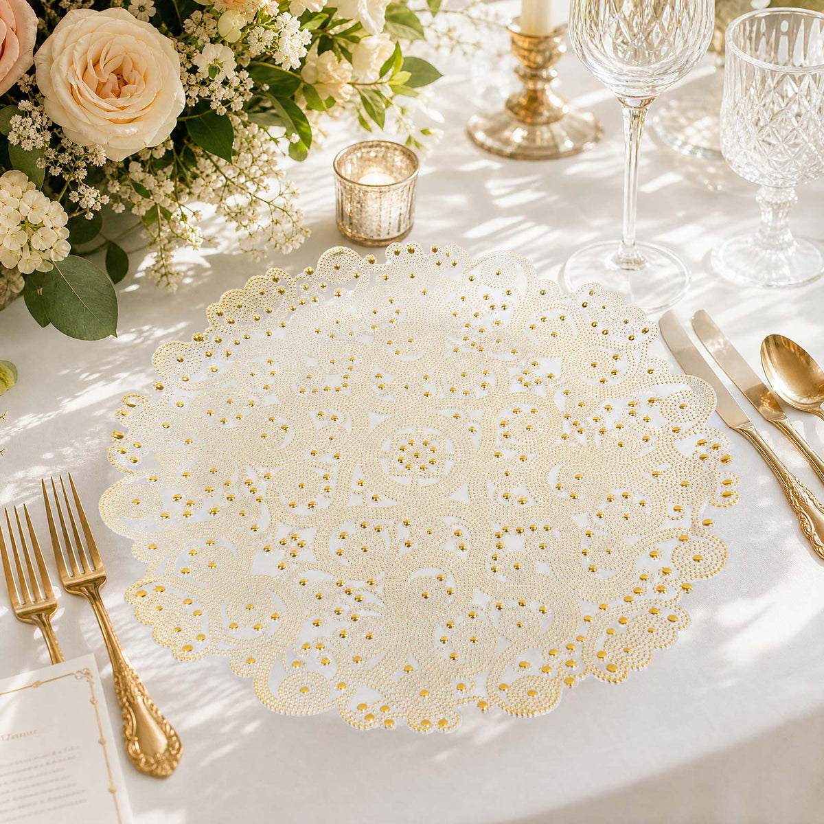 6 Pack 13" Plastic Charger Plates, Filigree Beaded Scroll Design - Clear Gold Table Chargers