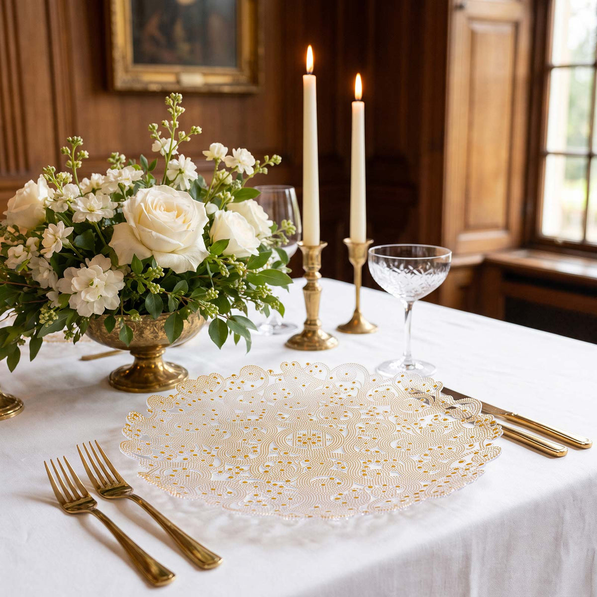 6 Pack 13" Plastic Charger Plates, Filigree Beaded Scroll Design - Clear Gold Table Chargers