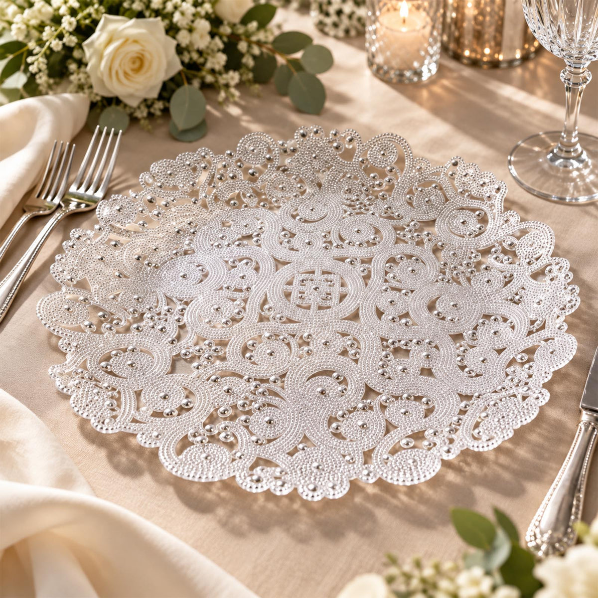 6 Pack 13" Plastic Charger Plates, Filigree Beaded Scroll Design - Clear Silver Table Chargers