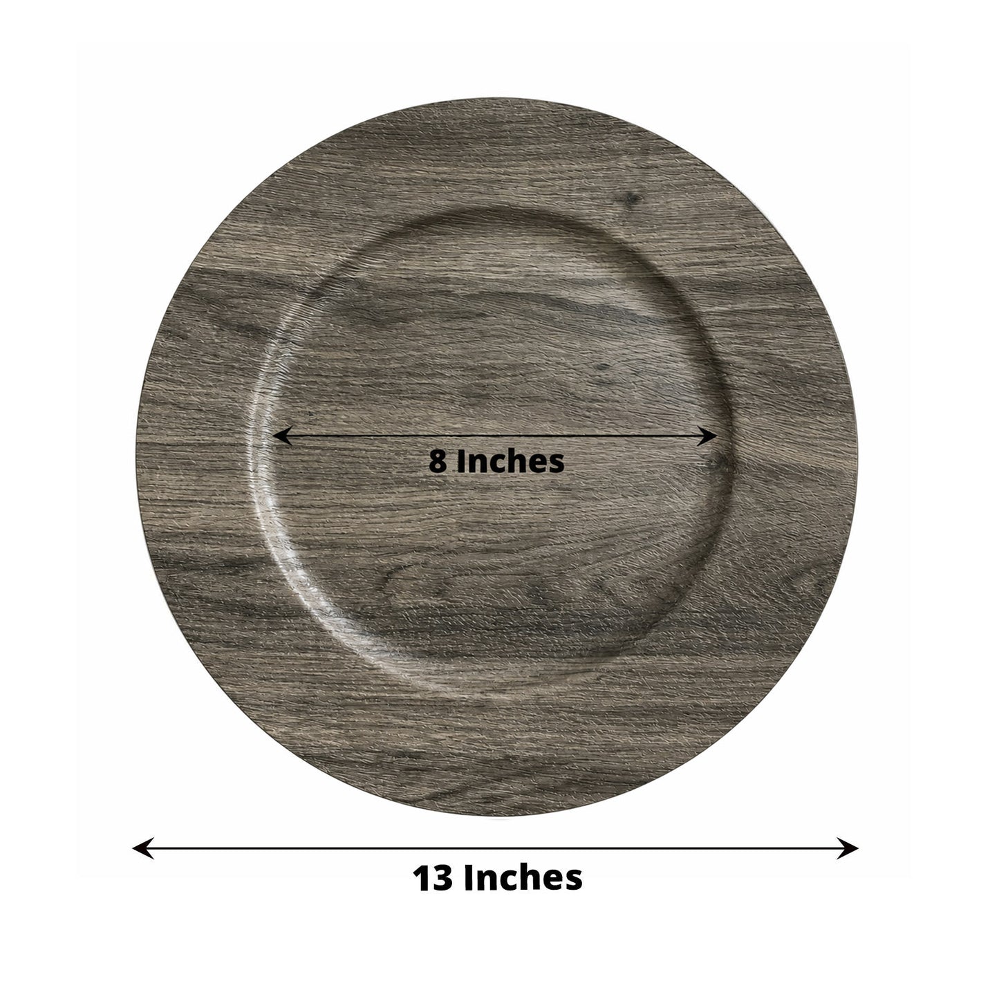 12 Pack 13" Plastic Round Charger Plates, Gray with Faux Wood Finish, Rustic Boho Chic Dinner Party 