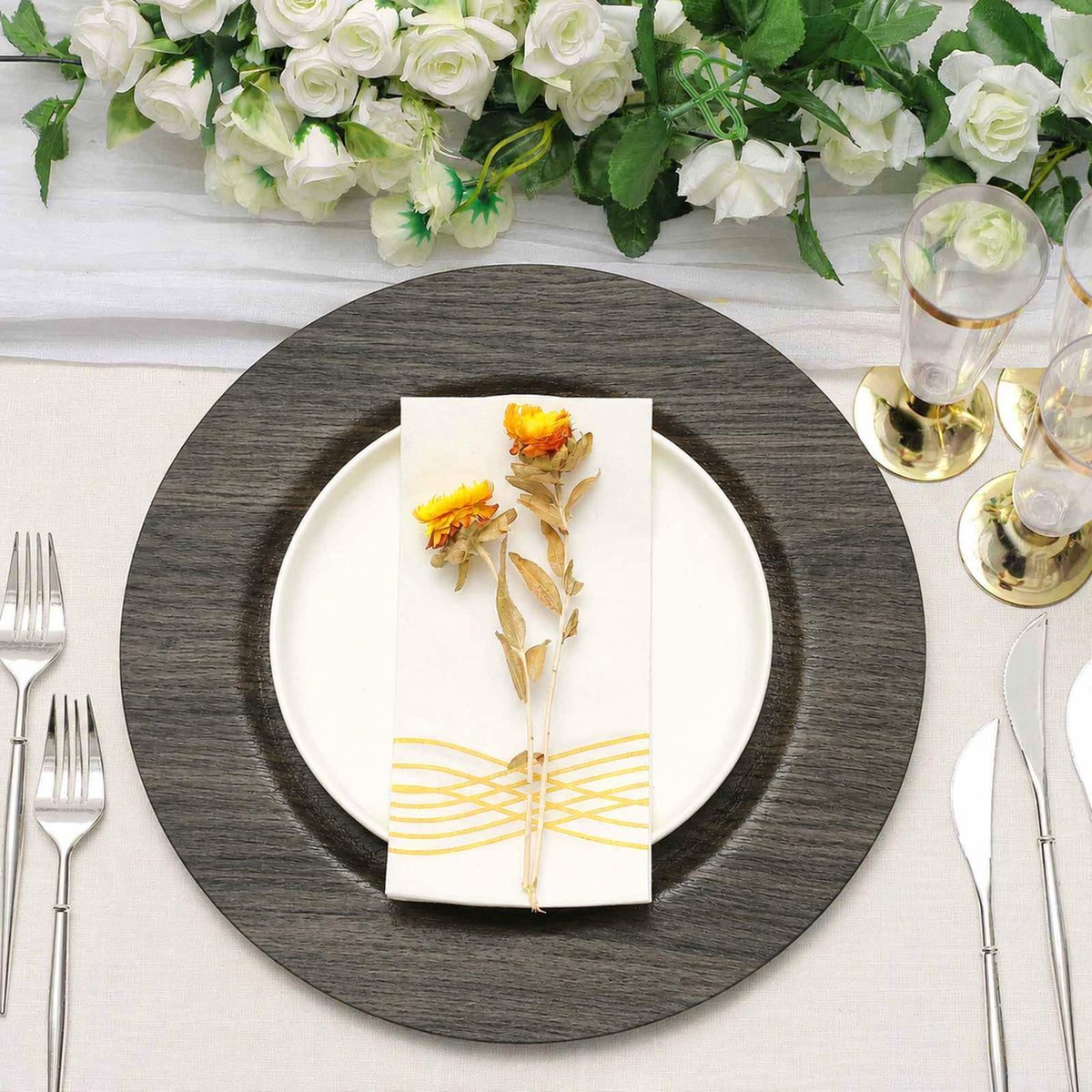12 Pack 13" Plastic Round Charger Plates, Gray with Faux Wood Finish, Rustic Boho Chic Dinner Party 