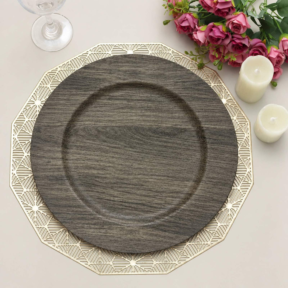 12 Pack 13" Plastic Round Charger Plates, Gray with Faux Wood Finish, Rustic Boho Chic Dinner Party 