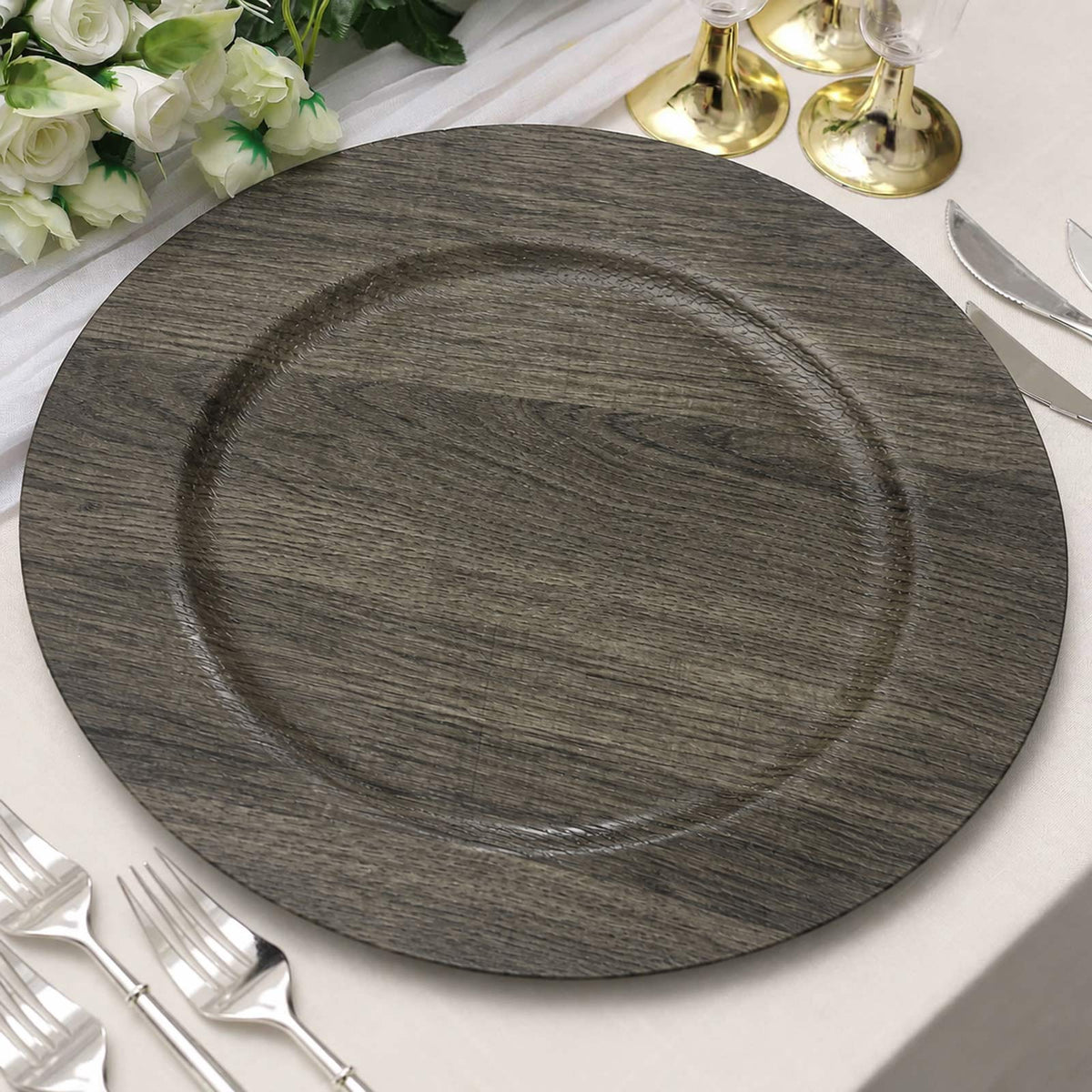 12 Pack 13" Plastic Round Charger Plates, Gray with Faux Wood Finish, Rustic Boho Chic Dinner Party 