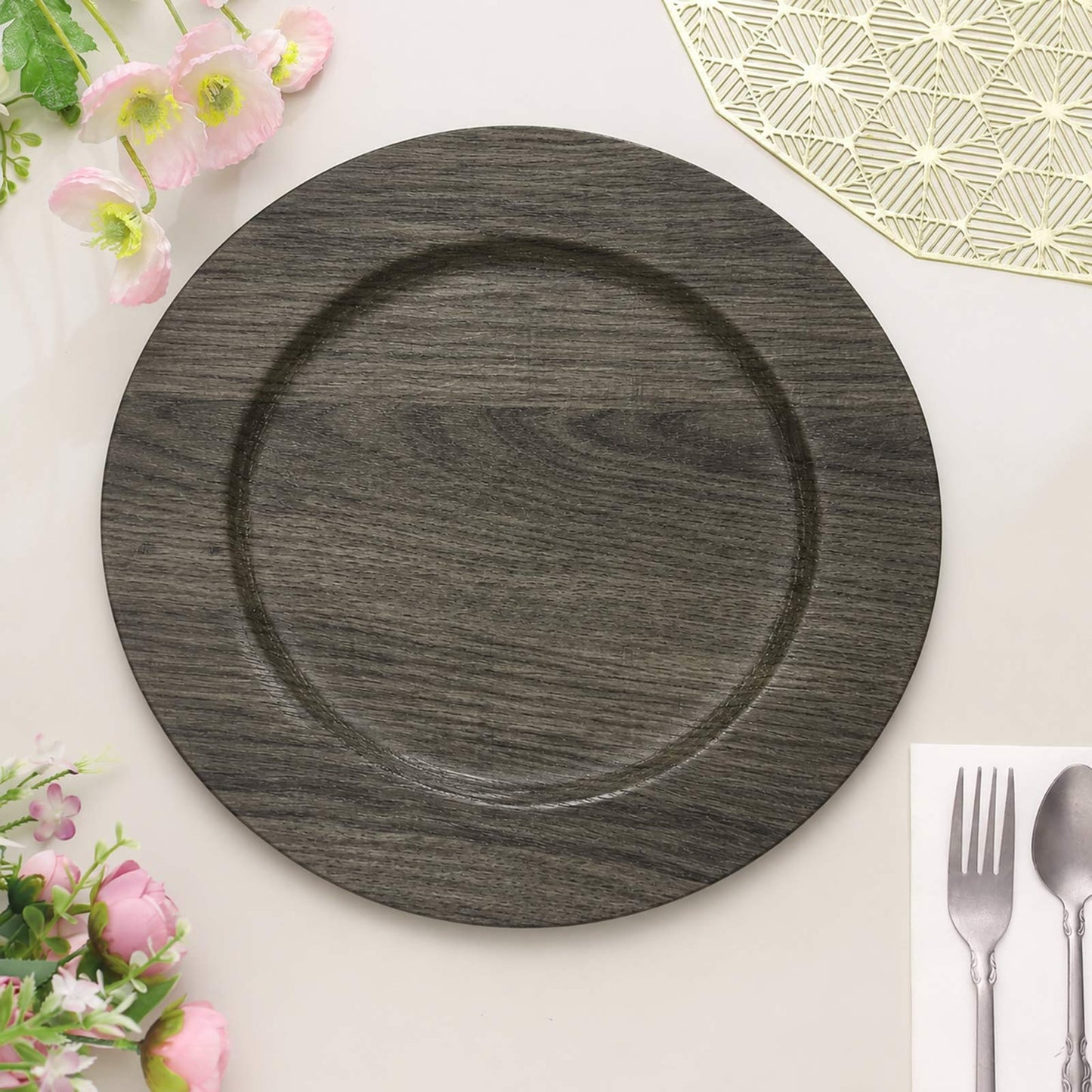 12 Pack 13" Plastic Round Charger Plates, Gray with Faux Wood Finish, Rustic Boho Chic Dinner Party 