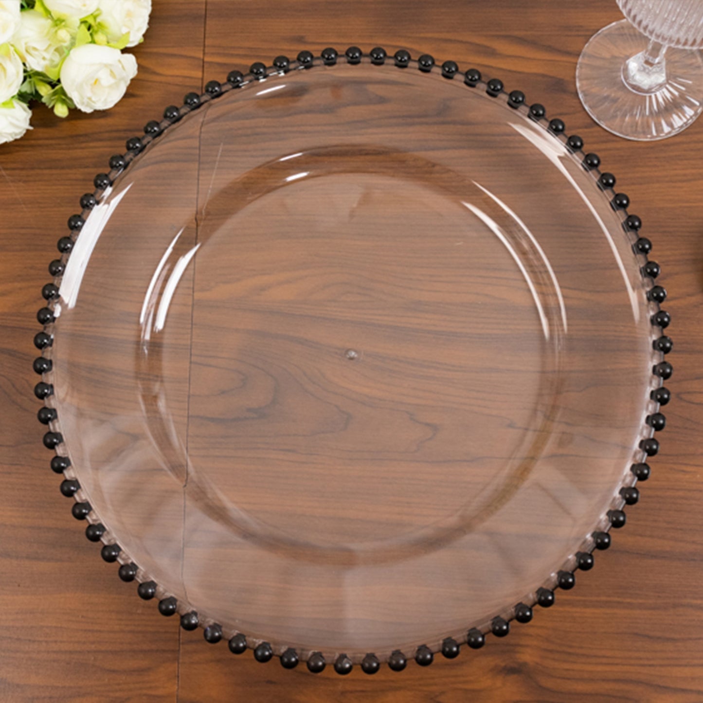 6 Pack Clear Acrylic Plastic Charger Plates With Black Beaded Rim - 13"