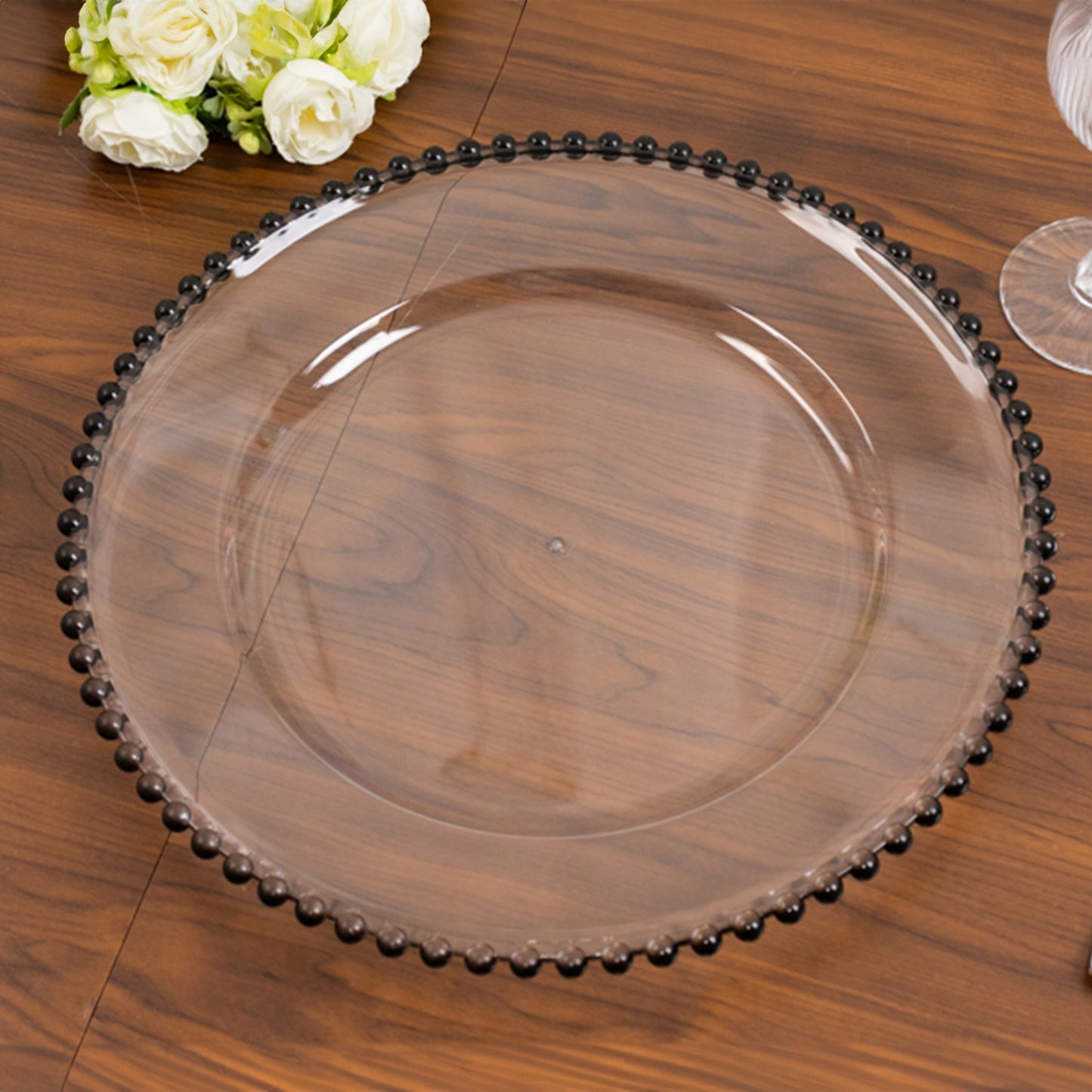 6 Pack Clear Acrylic Plastic Charger Plates With Black Beaded Rim - 13"