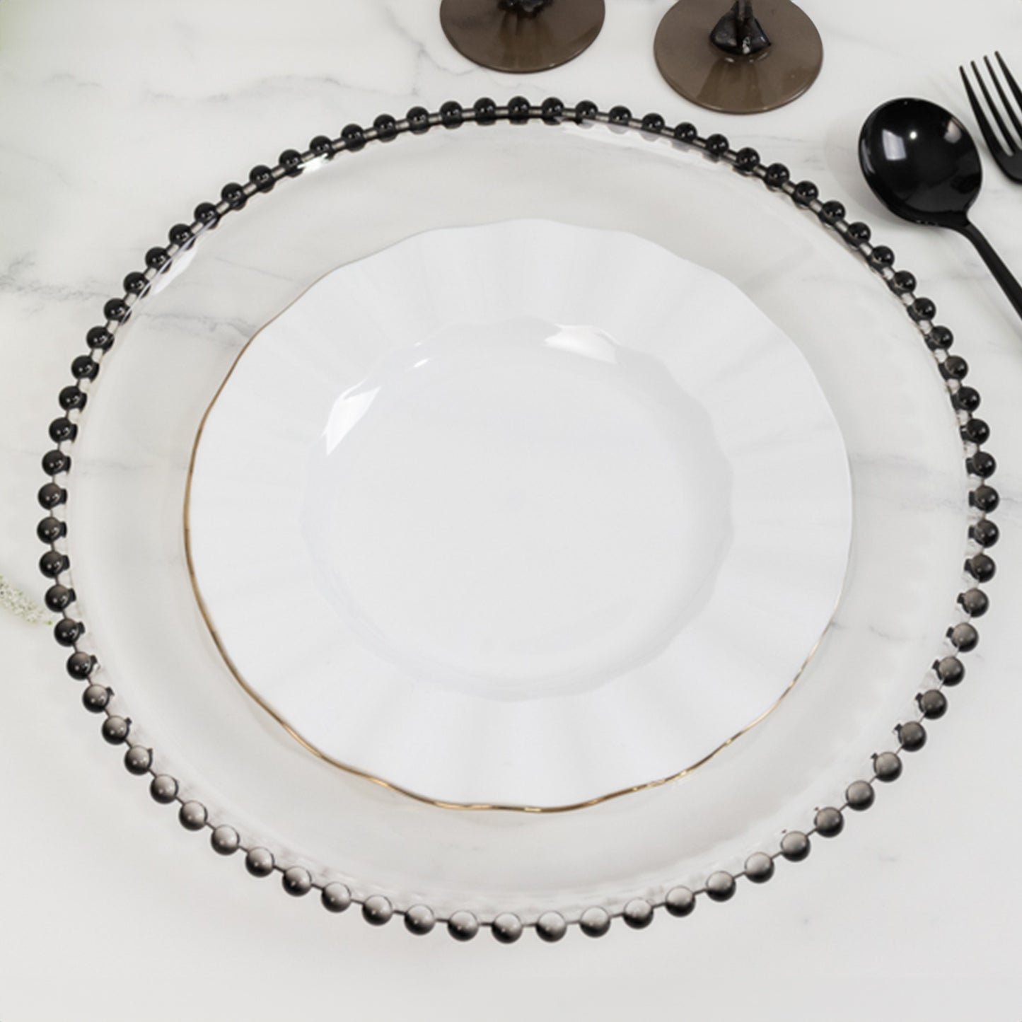 6 Pack Clear Acrylic Plastic Charger Plates With Black Beaded Rim - 13"
