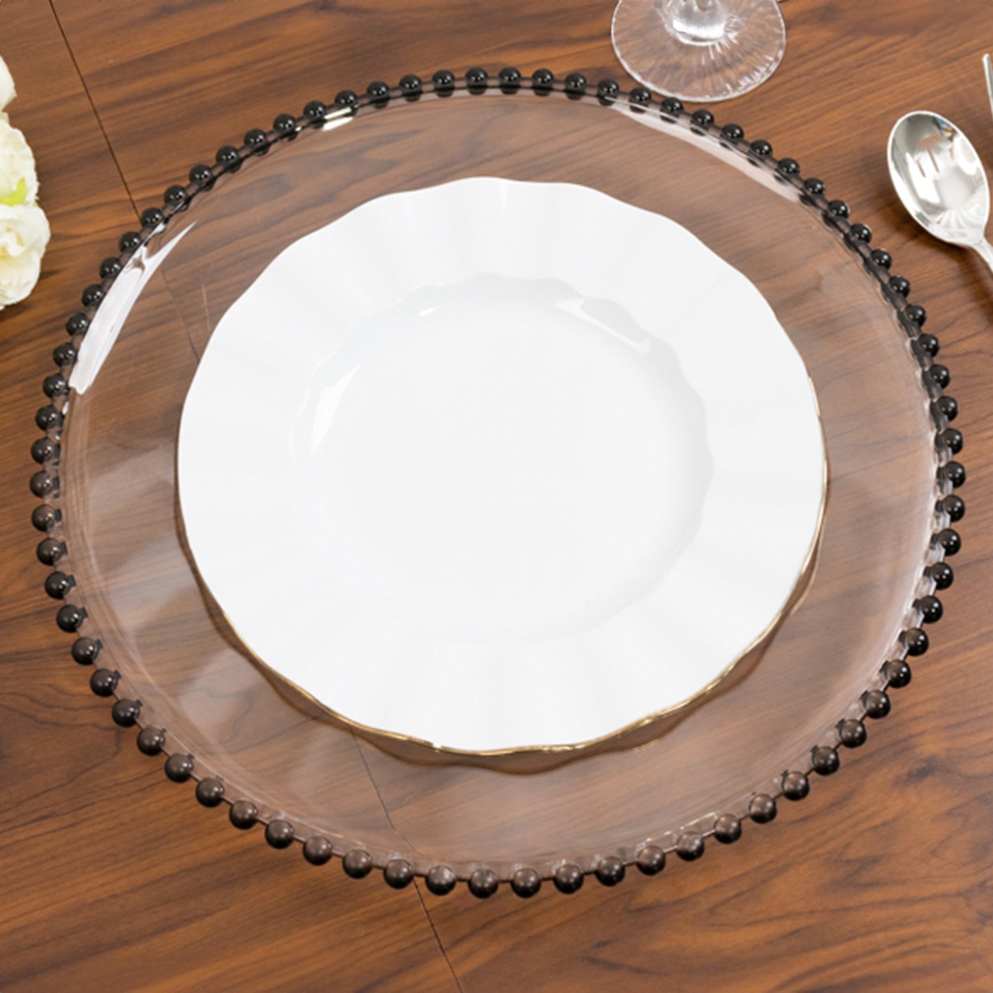 6 Pack Clear Acrylic Plastic Charger Plates With Black Beaded Rim - 13"