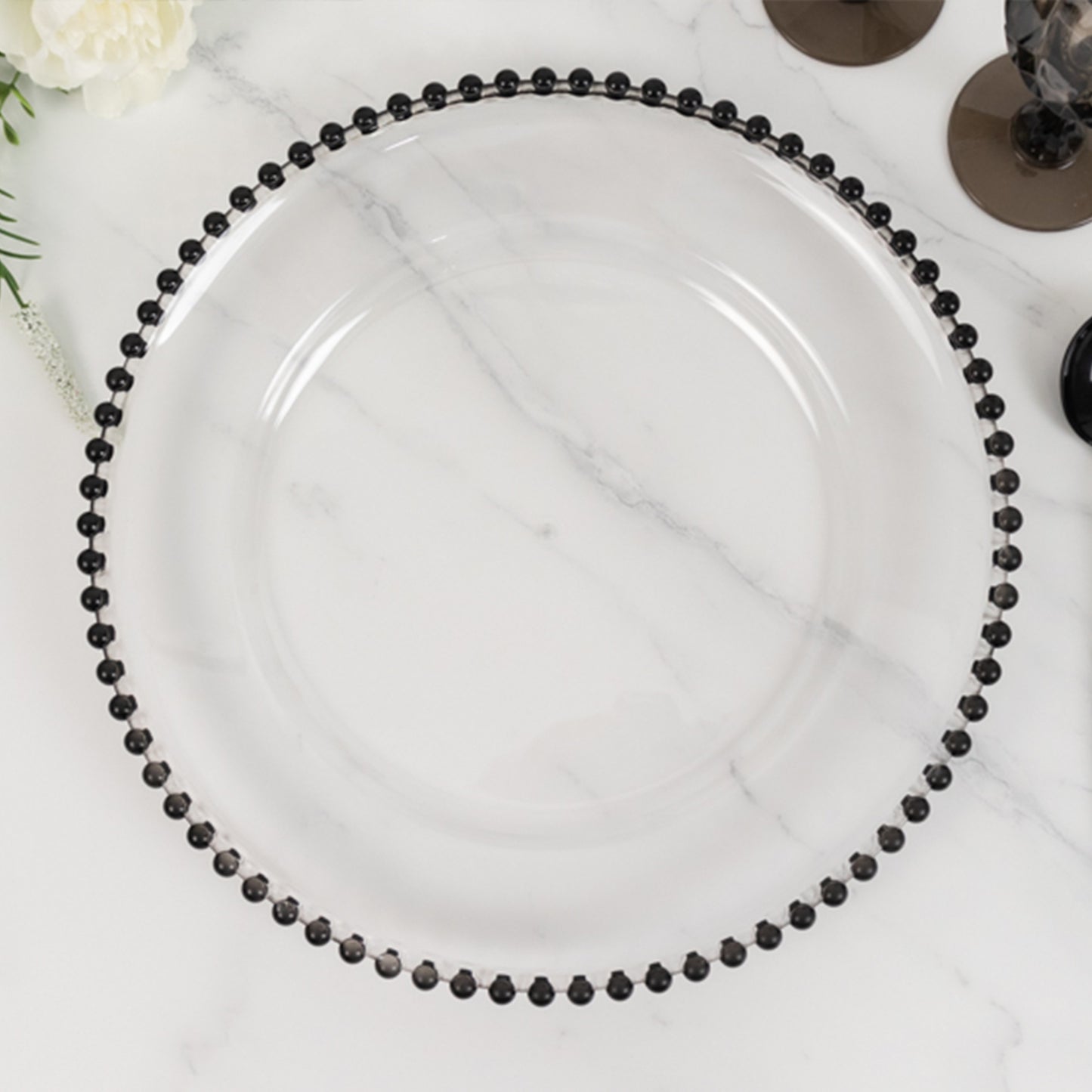 6 Pack Clear Acrylic Plastic Charger Plates With Black Beaded Rim - 13"