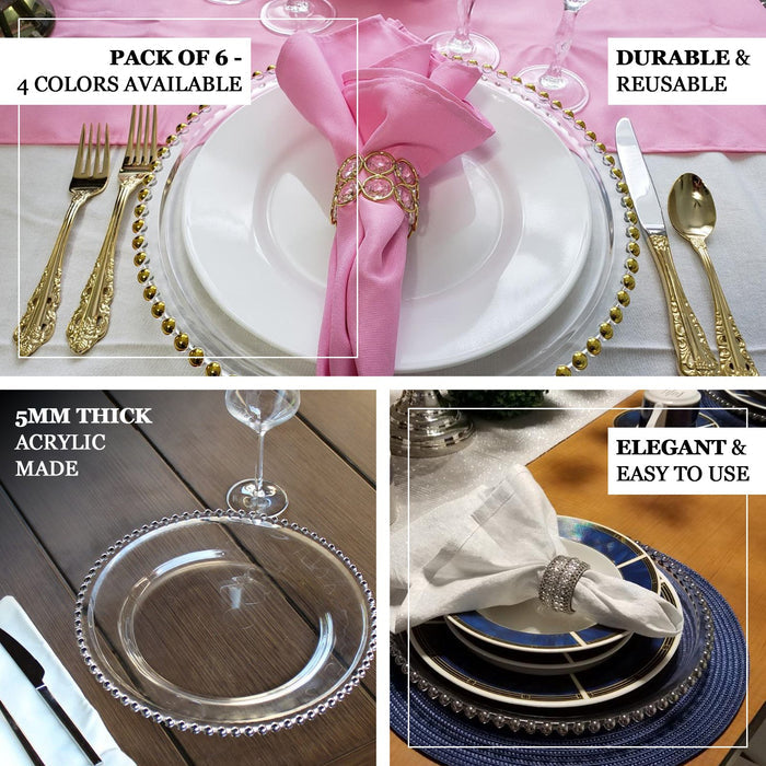 Clear gold glitter acrylic charger plates with beaded rim, pack of 6.