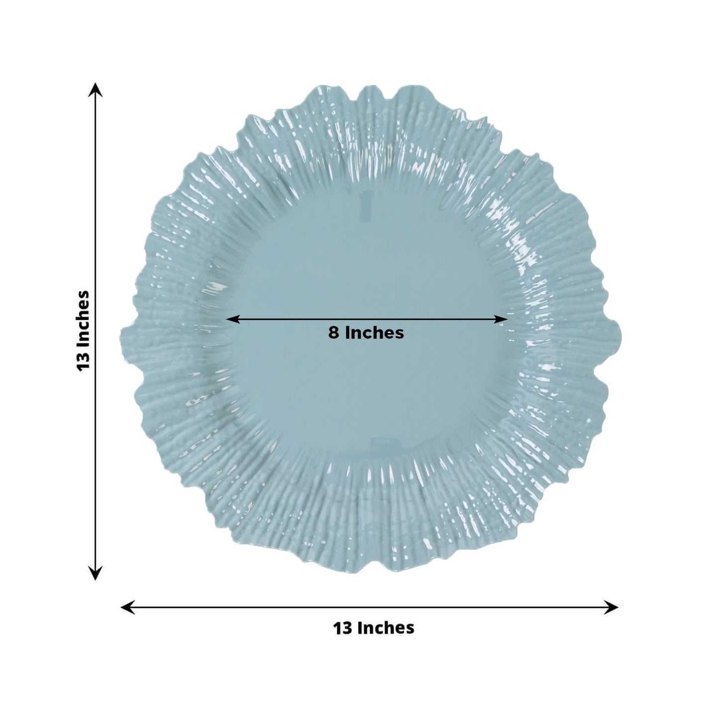 Dusty blue charger plate for weddings and parties, 13 inches in diameter.