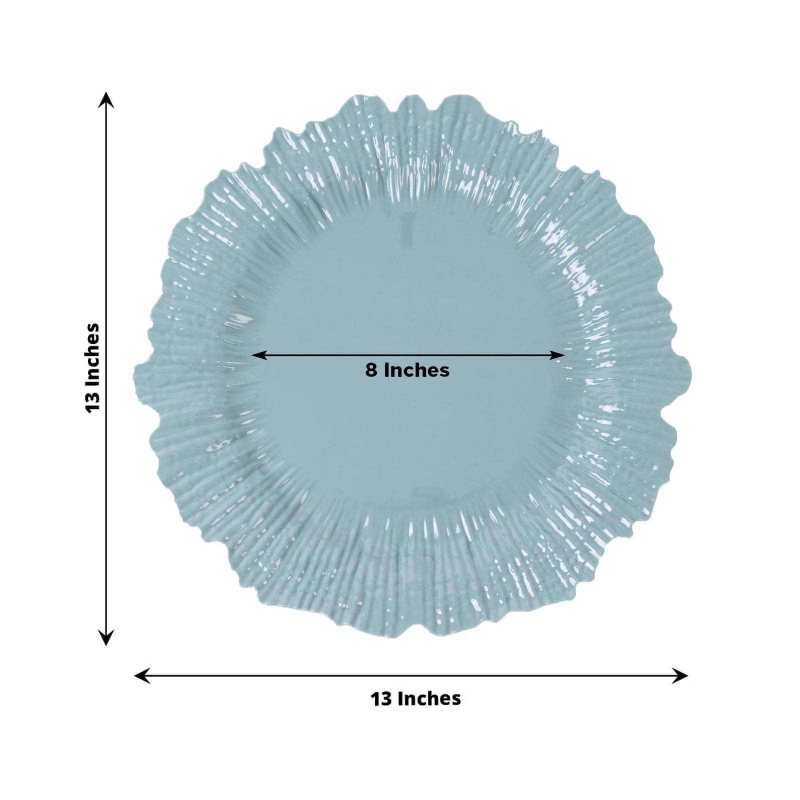 Dusty blue charger plate for weddings and parties, 13 inches in diameter.