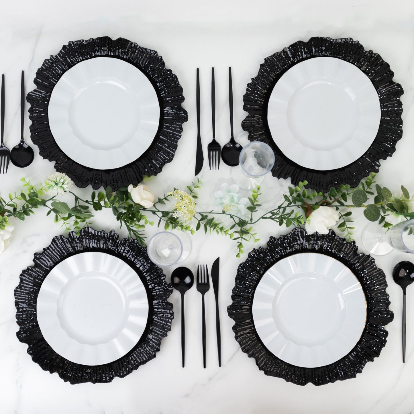 10 Pack Economy Reef Plastic Charger Plates – 13" Black Dinner Plate Chargers for Weddings, Parties & Catering