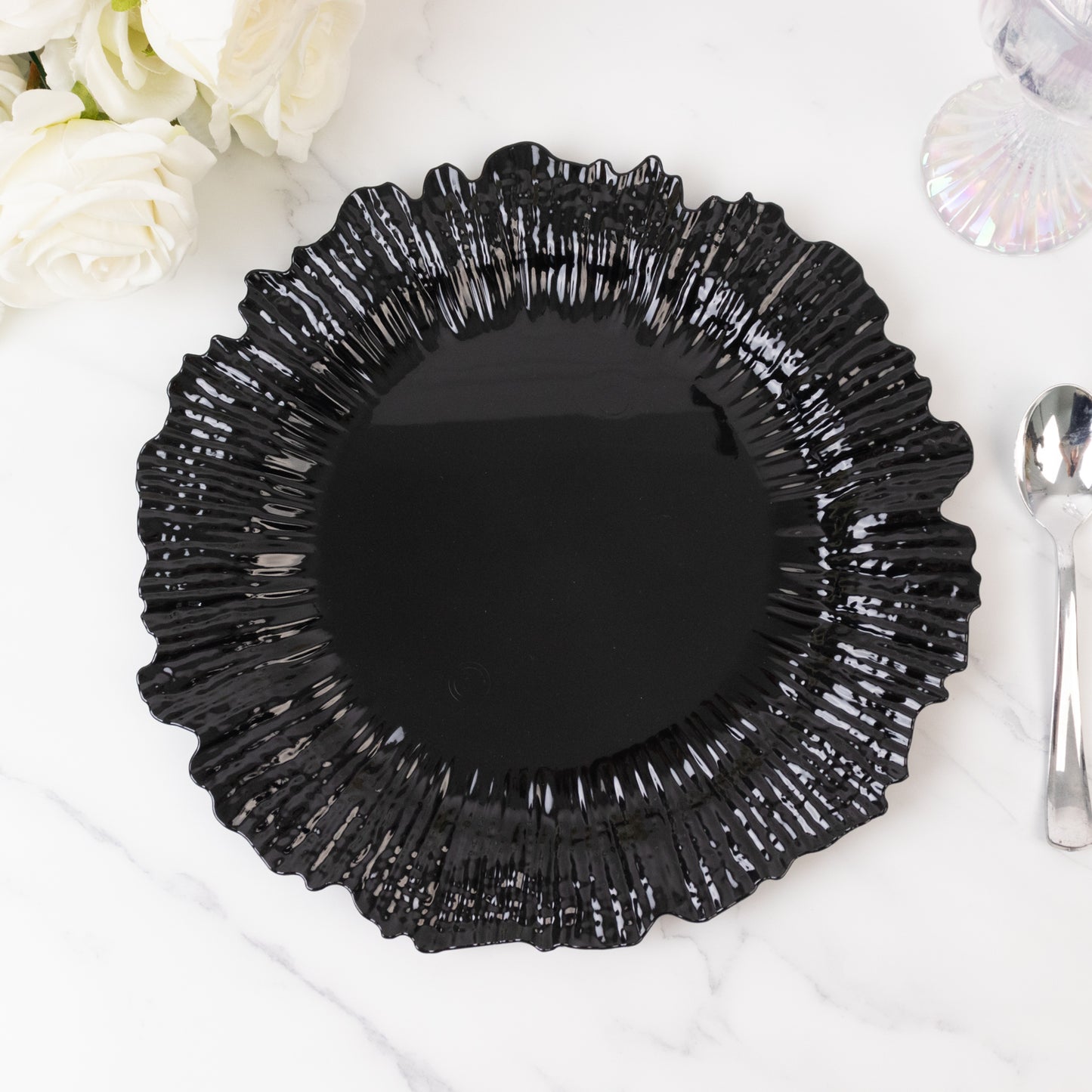10 Pack Economy Reef Plastic Charger Plates – 13" Black Dinner Plate Chargers for Weddings, Parties & Catering