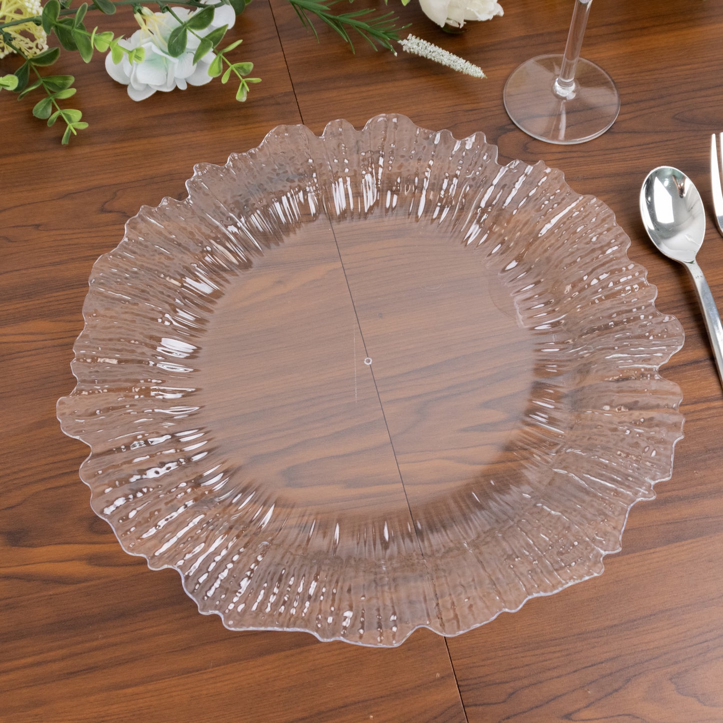 10 Pack Economy Reef Plastic Charger Plates – 13" Clear Dinner Plate Chargers for Weddings, Parties & Catering