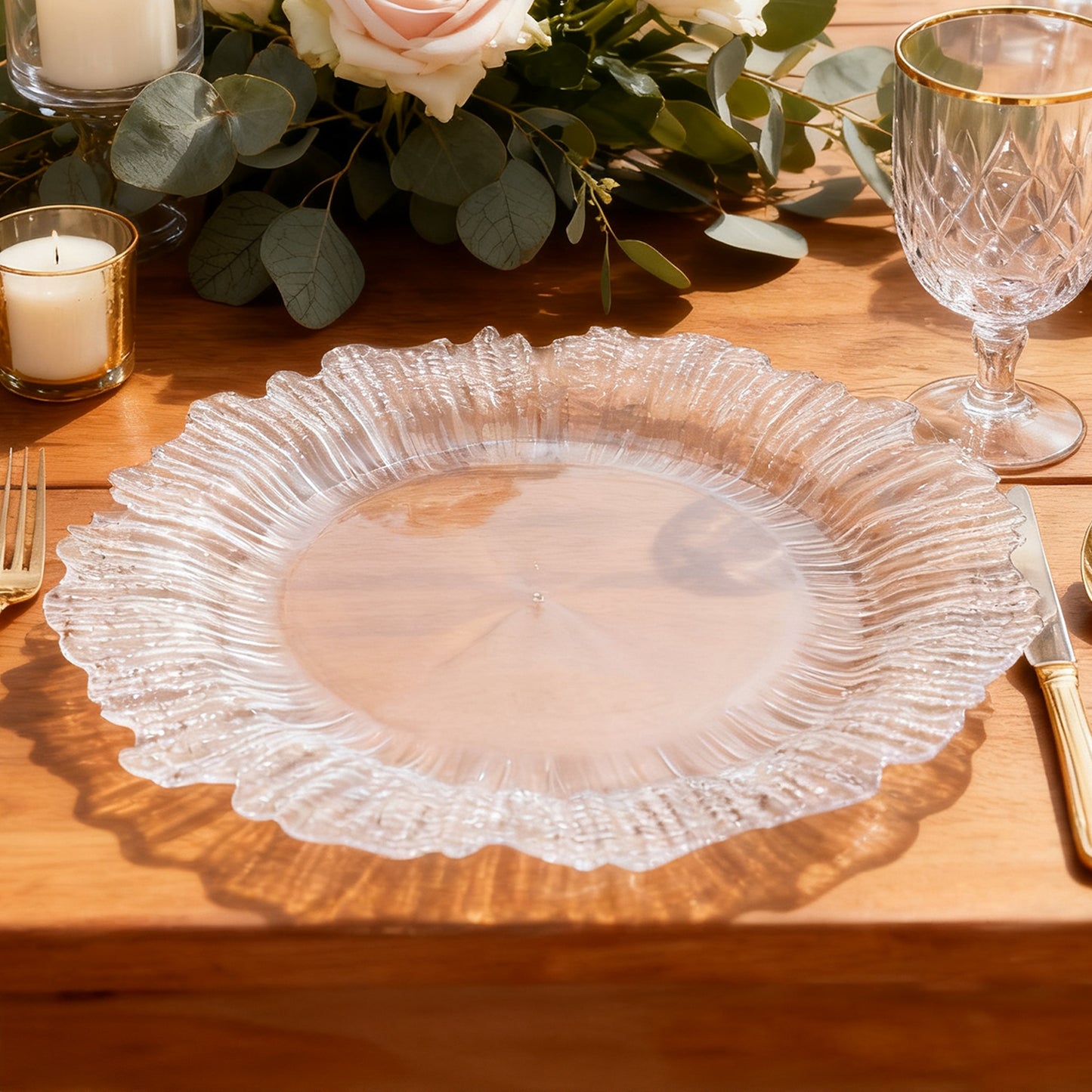 10 Pack Economy Reef Plastic Charger Plates – 13" Clear Dinner Plate Chargers for Weddings, Parties & Catering