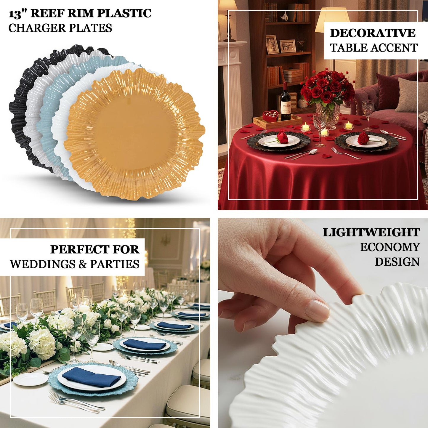 Dusty blue plastic charger plates for weddings and parties, 13 inches in diameter.