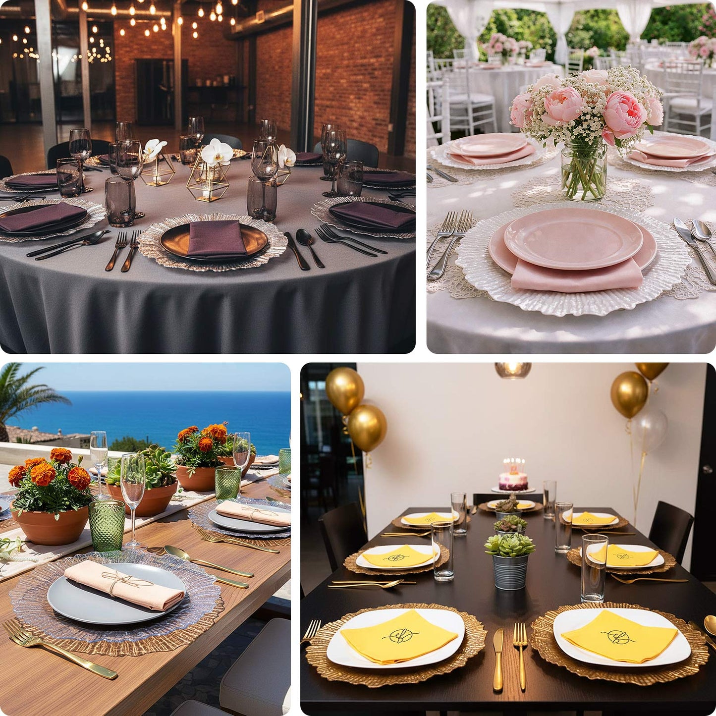 Dusty blue charger plates set on elegantly decorated dining tables.