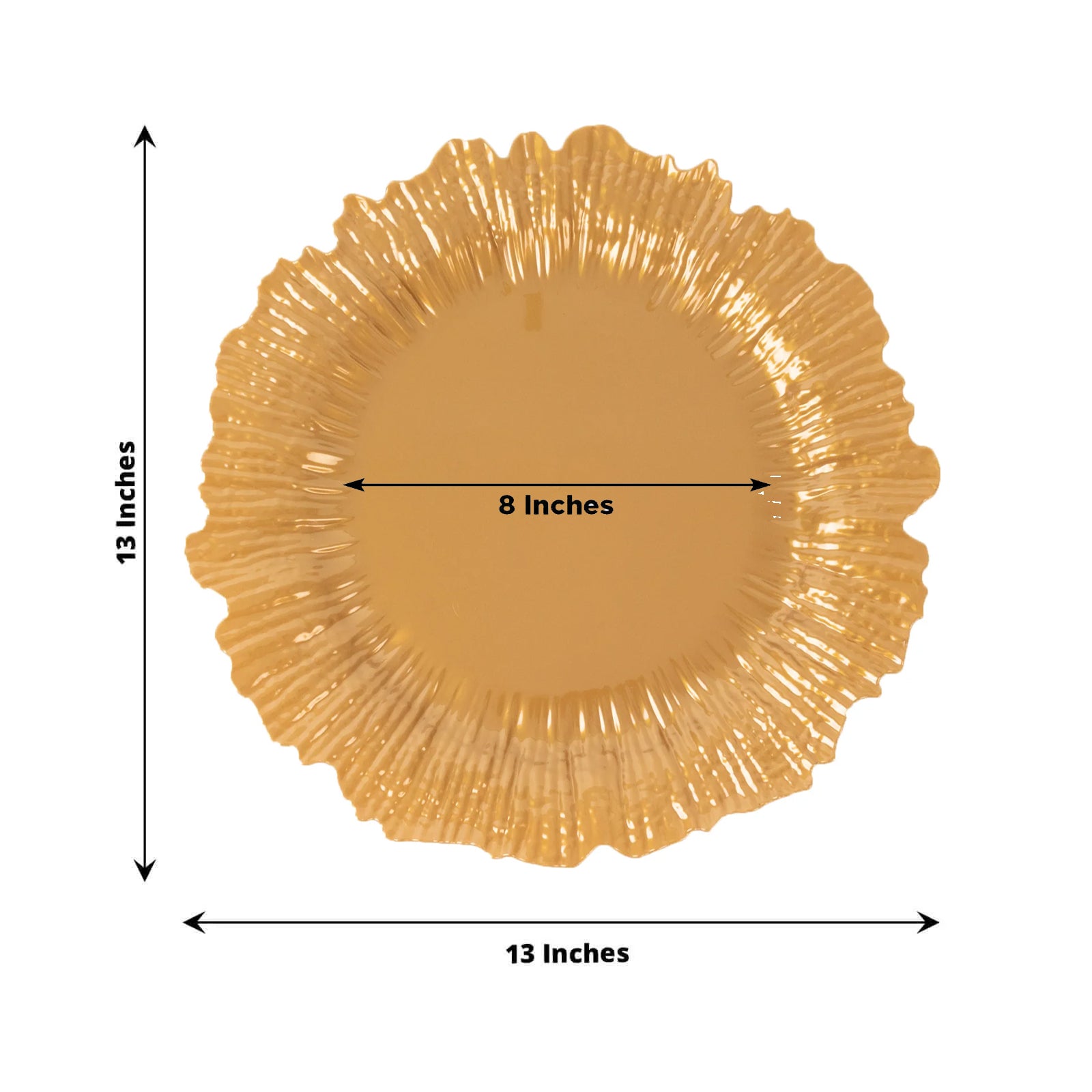 Gold charger plate for weddings and parties, 13 inches in diameter.