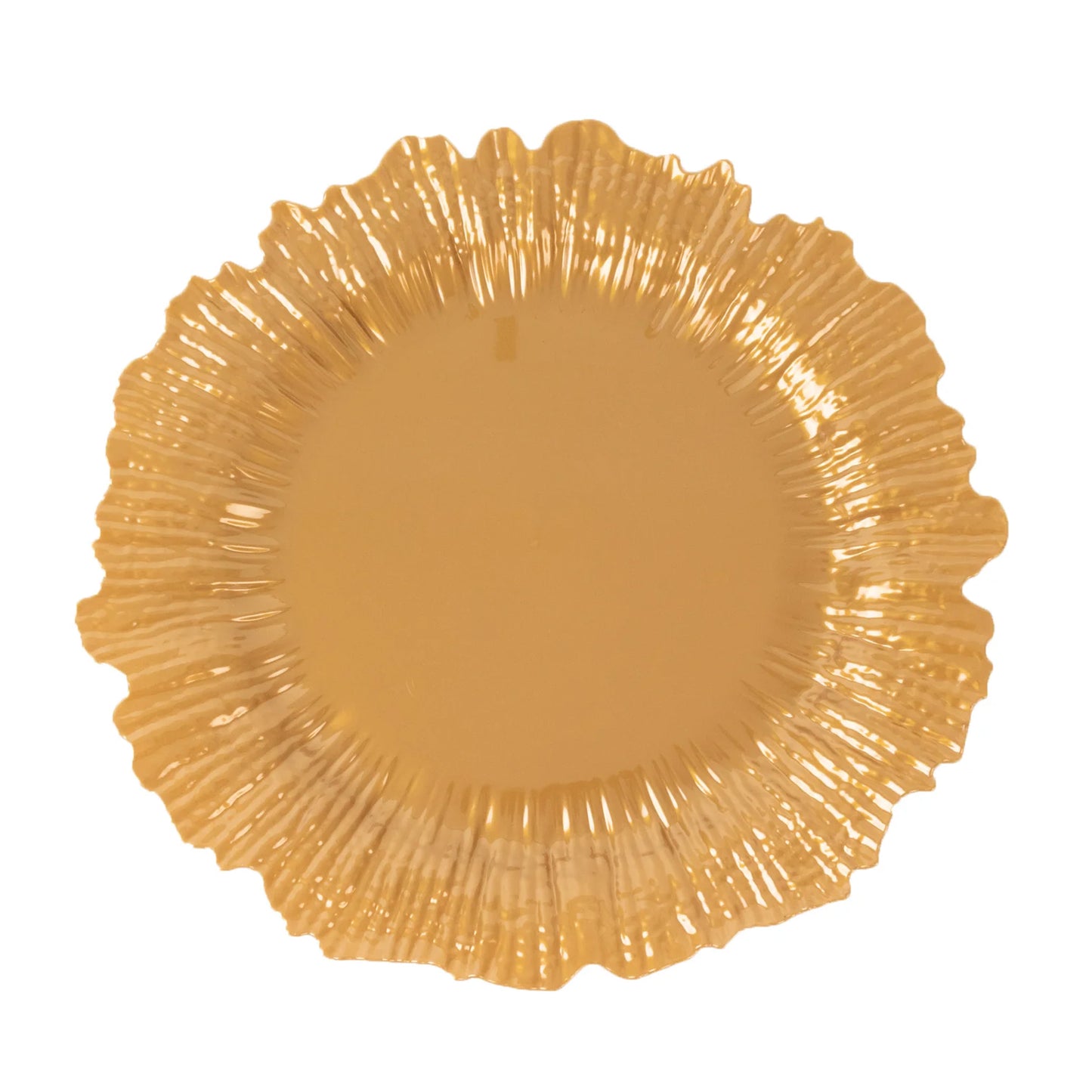 Gold charger plate with a decorative edge, perfect for events and catering.