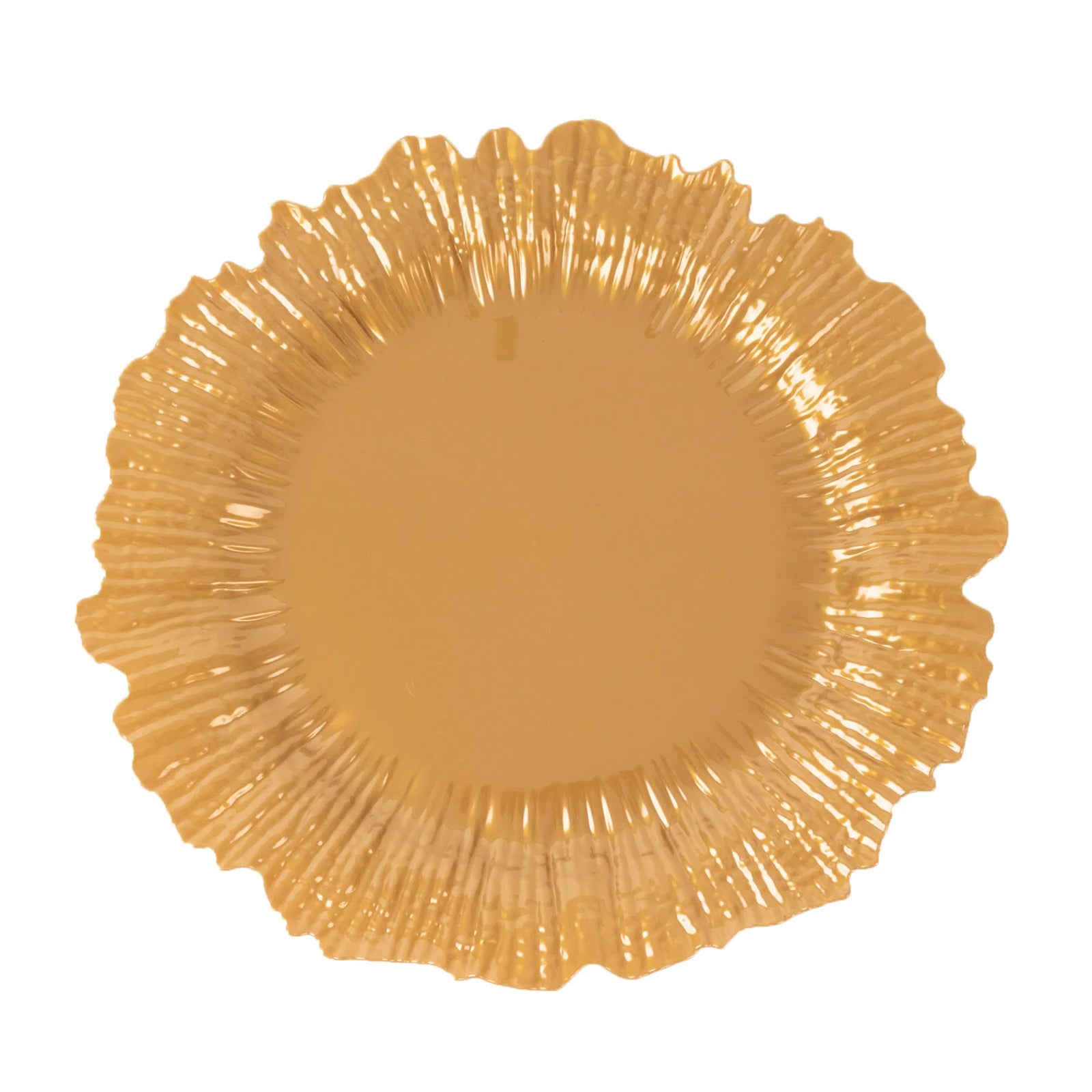 Gold charger plate with a decorative edge, perfect for events and catering.