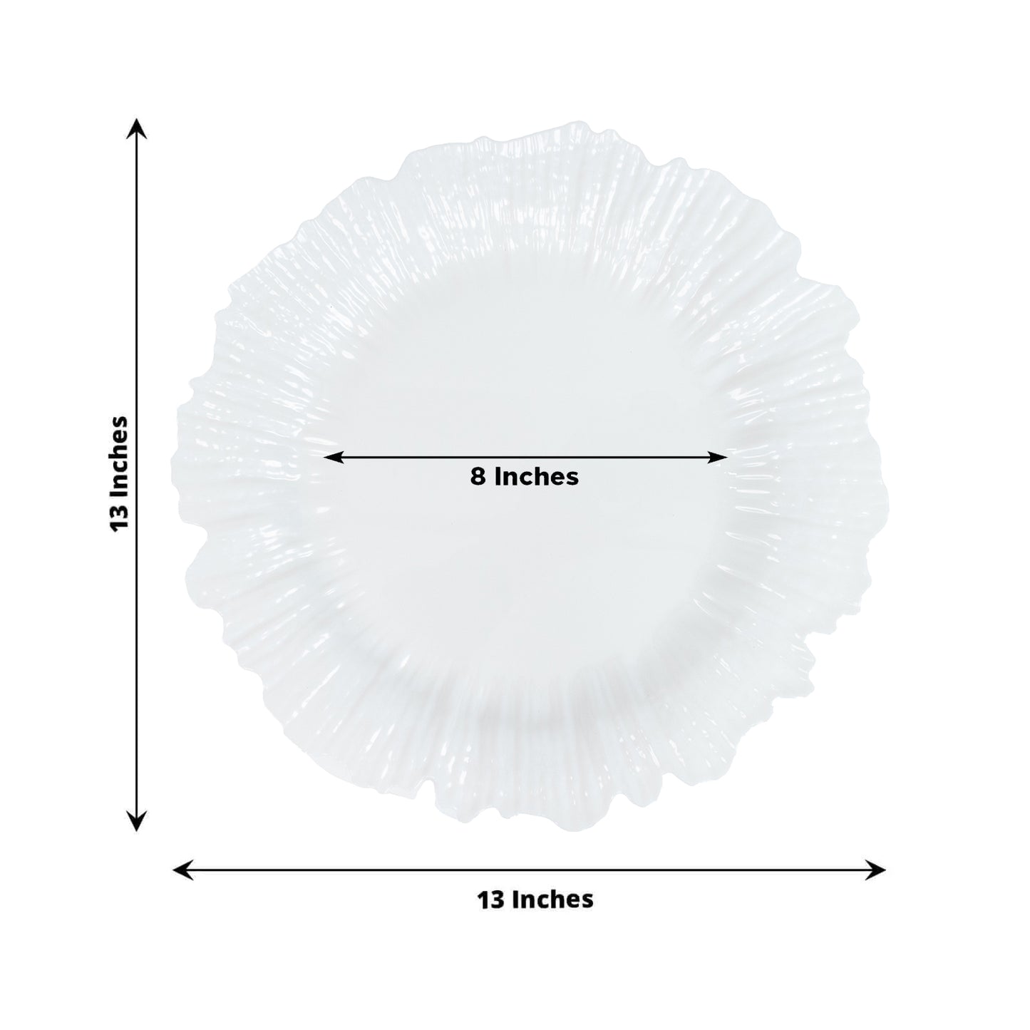 Pearl white 13" plastic charger plate for events and catering.
