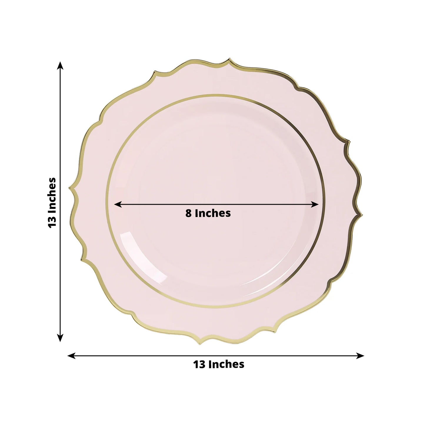 10 Pack Blush Economy Plastic Charger Plates With Gold Scalloped Rim, 13" Round Decorative Dinner Chargers Event Tabletop Decor