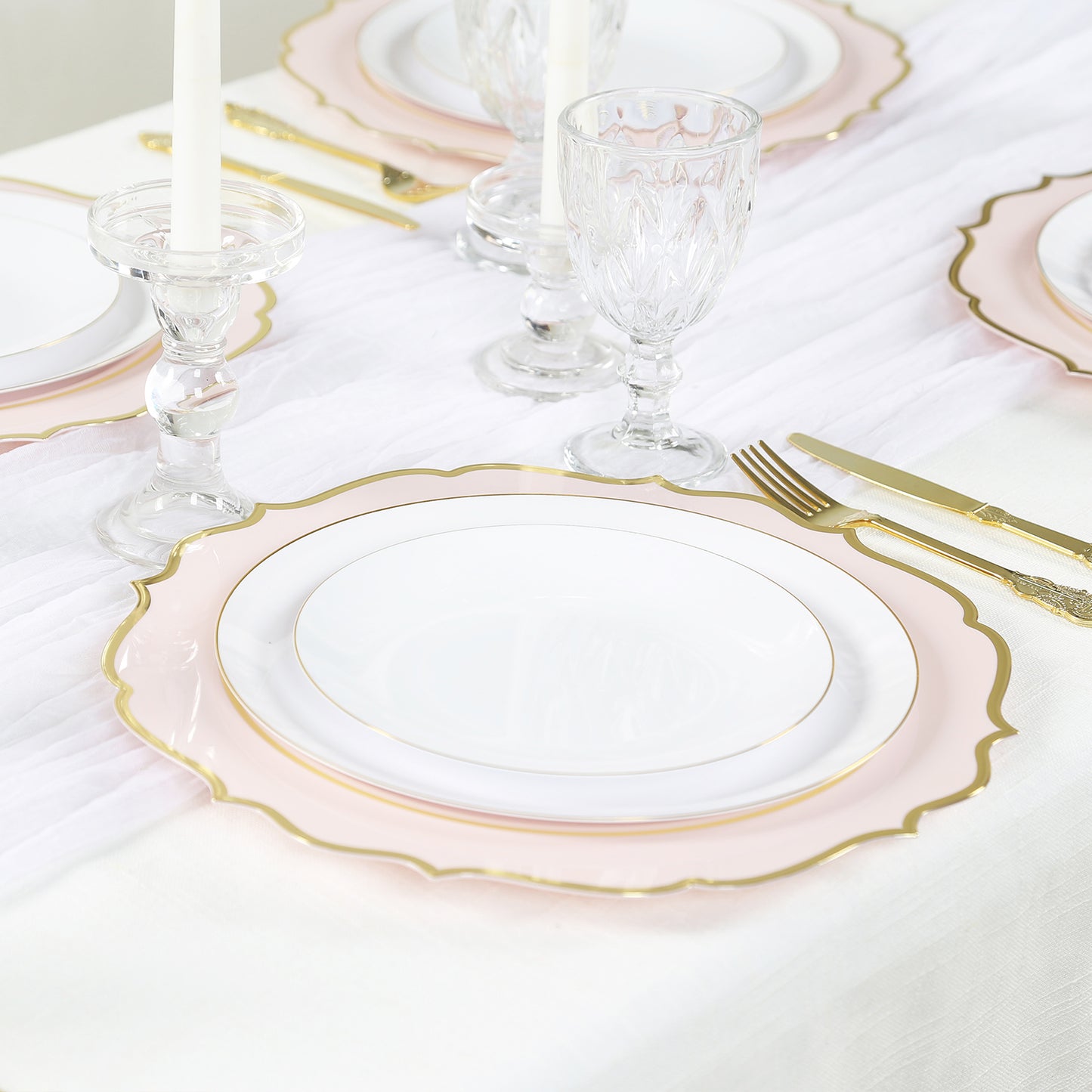 10 Pack Blush Economy Plastic Charger Plates With Gold Scalloped Rim, 13" Round Decorative Dinner Chargers Event Tabletop Decor