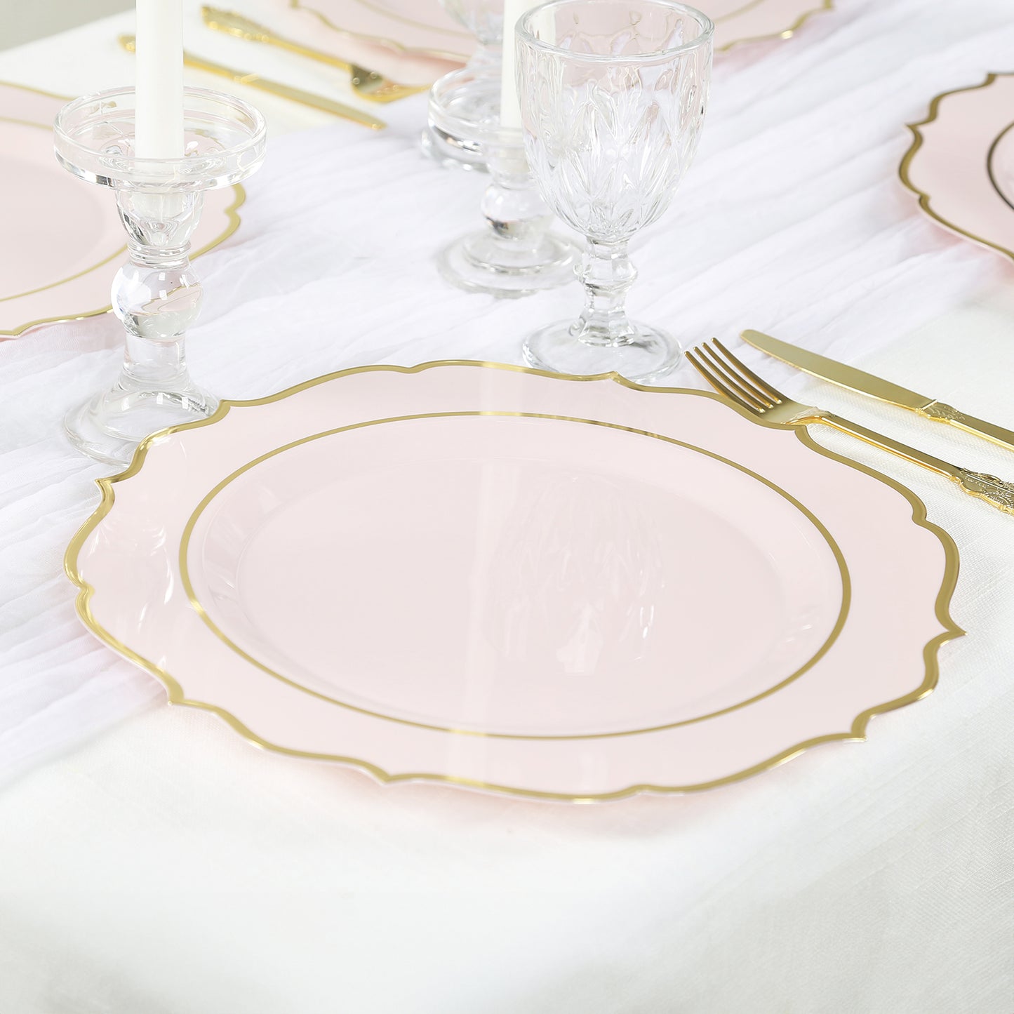 10 Pack Blush Economy Plastic Charger Plates With Gold Scalloped Rim, 13" Round Decorative Dinner Chargers Event Tabletop Decor