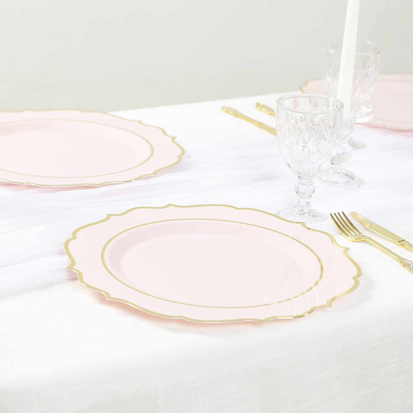 10 Pack Blush Economy Plastic Charger Plates With Gold Scalloped Rim, 13" Round Decorative Dinner Chargers Event Tabletop Decor