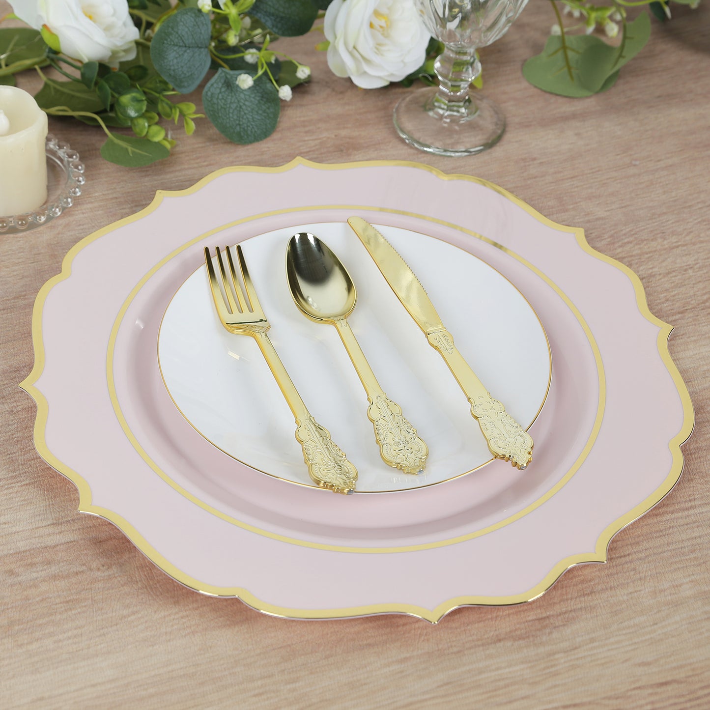 10 Pack Blush Economy Plastic Charger Plates With Gold Scalloped Rim, 13" Round Decorative Dinner Chargers Event Tabletop Decor