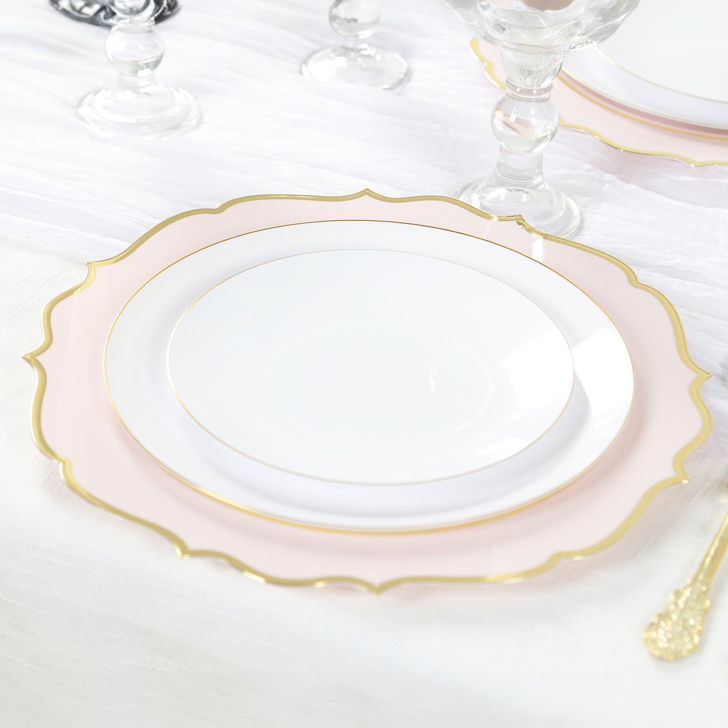 10 Pack Blush Economy Plastic Charger Plates With Gold Scalloped Rim, 13" Round Decorative Dinner Chargers Event Tabletop Decor