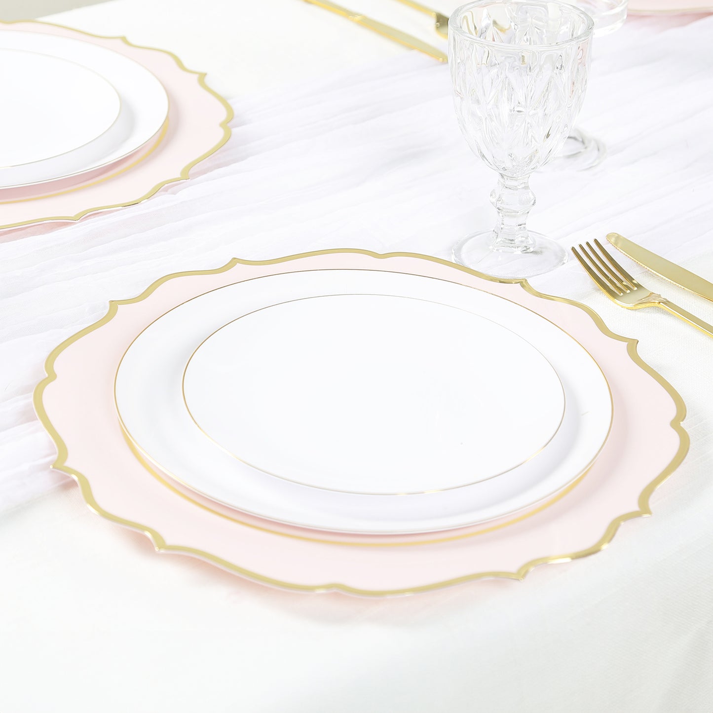 10 Pack Blush Economy Plastic Charger Plates With Gold Scalloped Rim, 13" Round Decorative Dinner Chargers Event Tabletop Decor