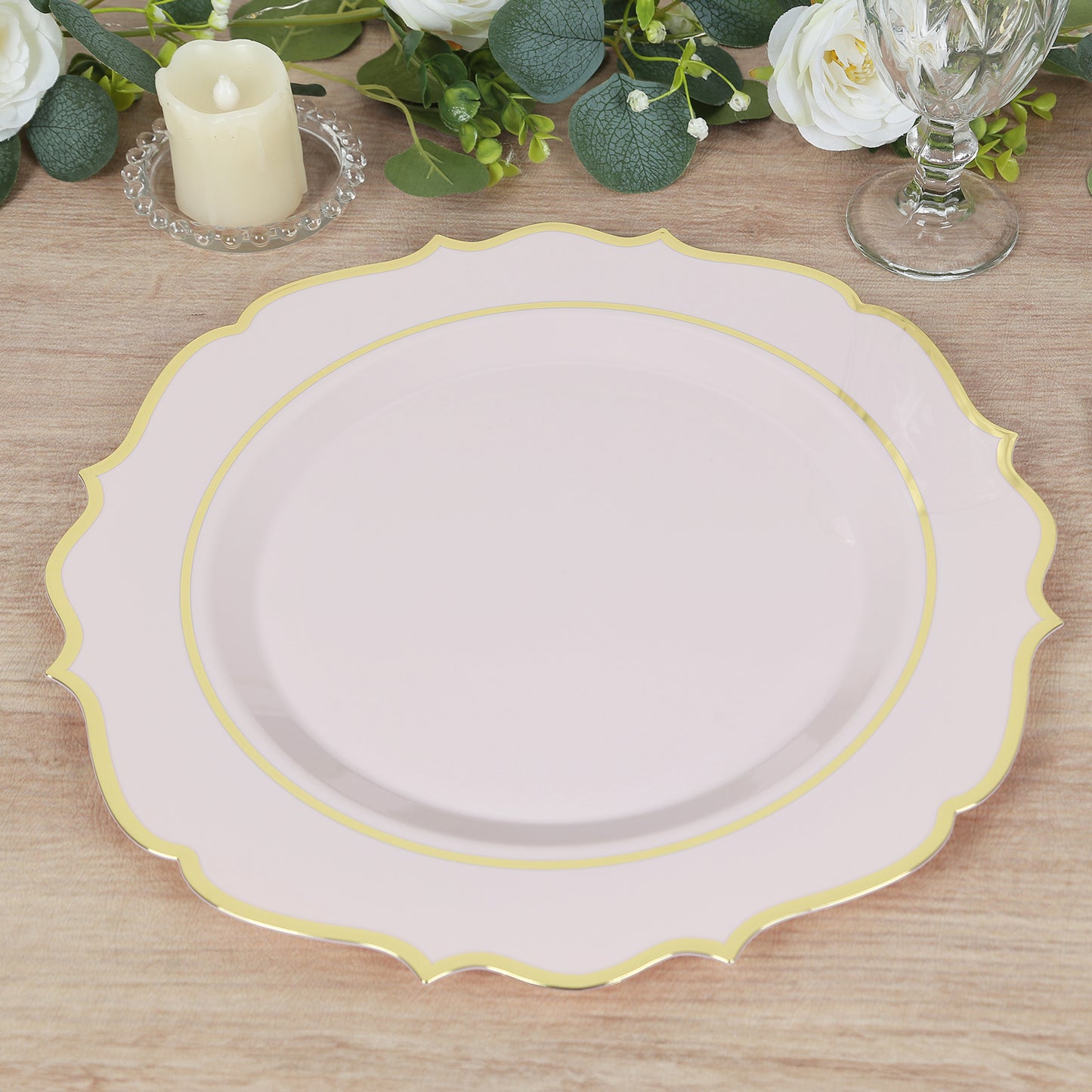 10 Pack Blush Economy Plastic Charger Plates With Gold Scalloped Rim, 13" Round Decorative Dinner Chargers Event Tabletop Decor