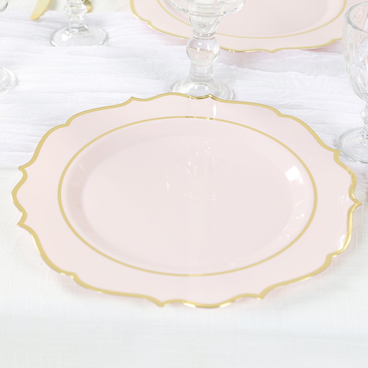 10 Pack Blush Economy Plastic Charger Plates With Gold Scalloped Rim, 13" Round Decorative Dinner Chargers Event Tabletop Decor