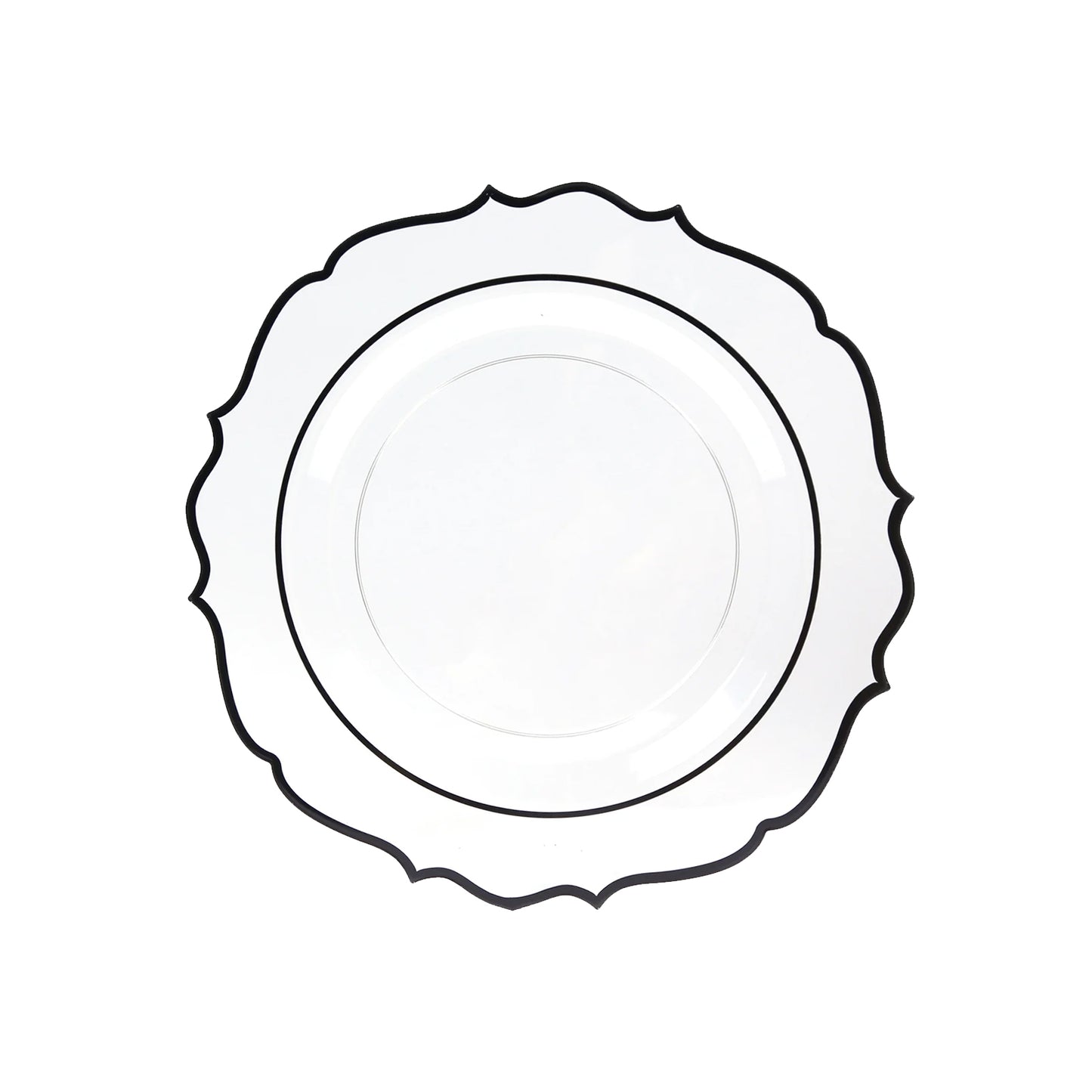 10-Pack Economy Plastic Round Charger Plates 13" in Clear with Black Scalloped Rim, Decorative Dinner Party Serving Plates