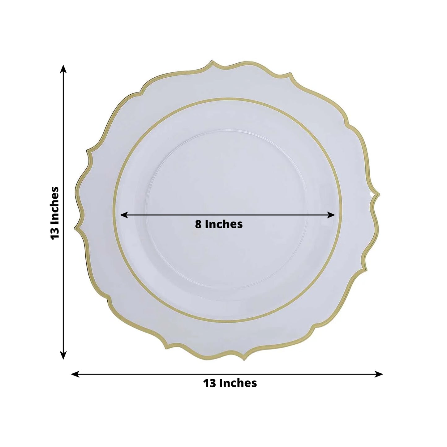 10 Pack Clear Economy Plastic Charger Plates With Gold Scalloped Rim, 13" Round Decorative Dinner Chargers Event Tabletop Decor