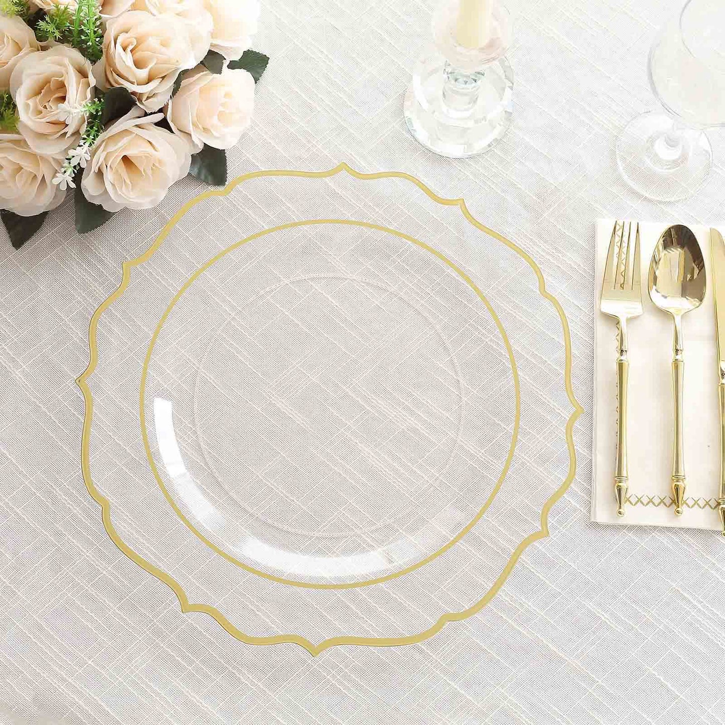 10 Pack Clear Economy Plastic Charger Plates With Gold Scalloped Rim, 13" Round Decorative Dinner Chargers Event Tabletop Decor