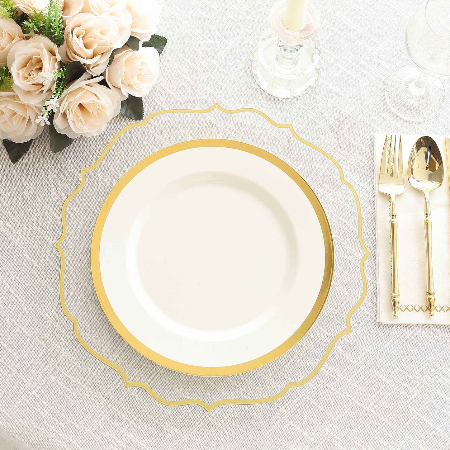 10 Pack Clear Economy Plastic Charger Plates With Gold Scalloped Rim, 13" Round Decorative Dinner Chargers Event Tabletop Decor