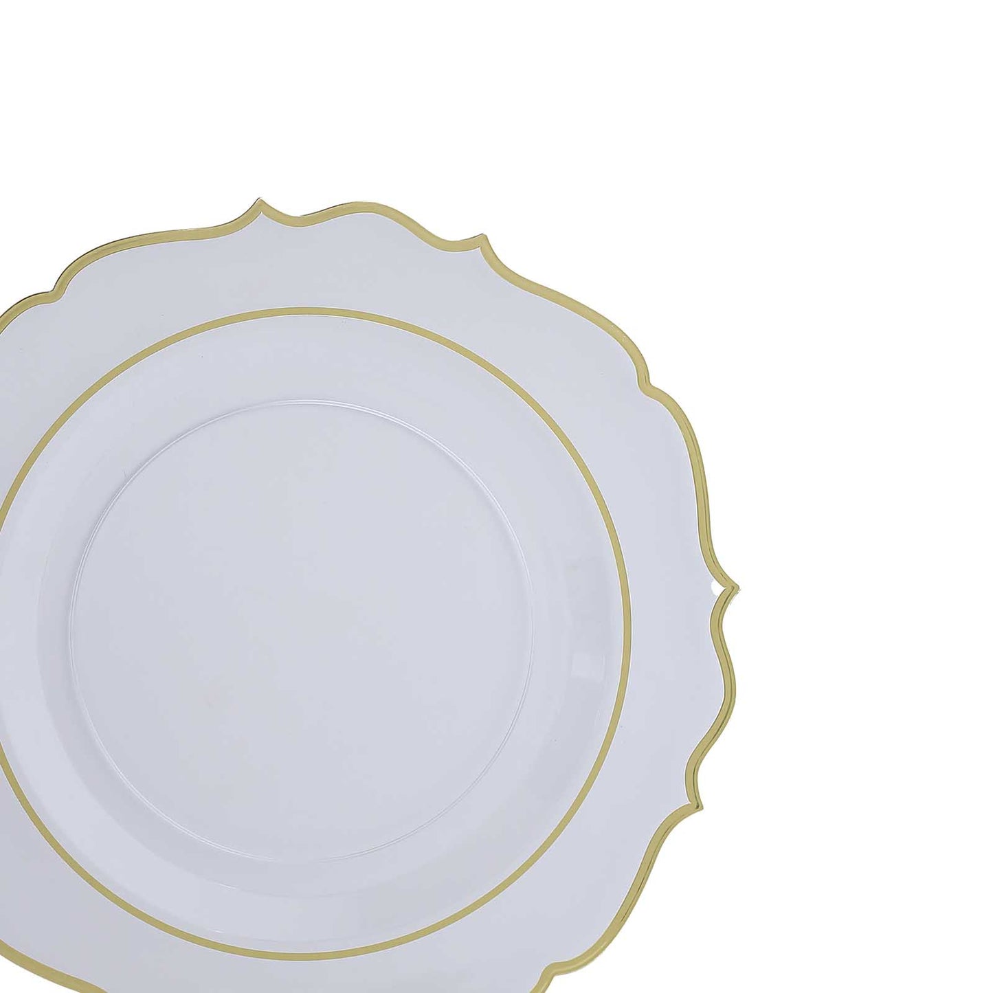 10 Pack Clear Economy Plastic Charger Plates With Gold Scalloped Rim, 13" Round Decorative Dinner Chargers Event Tabletop Decor