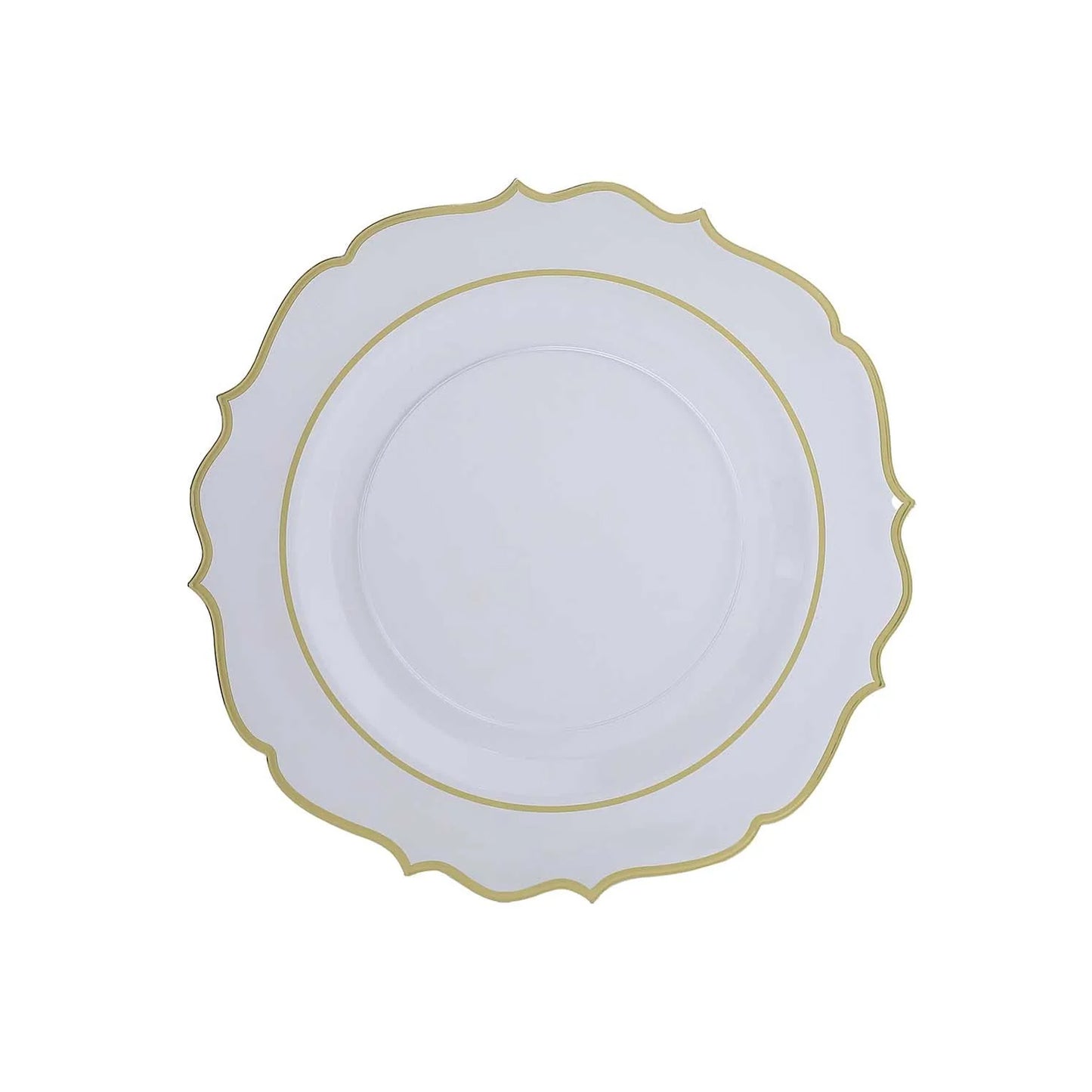 10 Pack Clear Economy Plastic Charger Plates With Gold Scalloped Rim, 13" Round Decorative Dinner Chargers Event Tabletop Decor